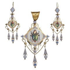 Antique Italian Micromosaic Gold Brooch-Pendant And Earrings Suite, Circa 1840