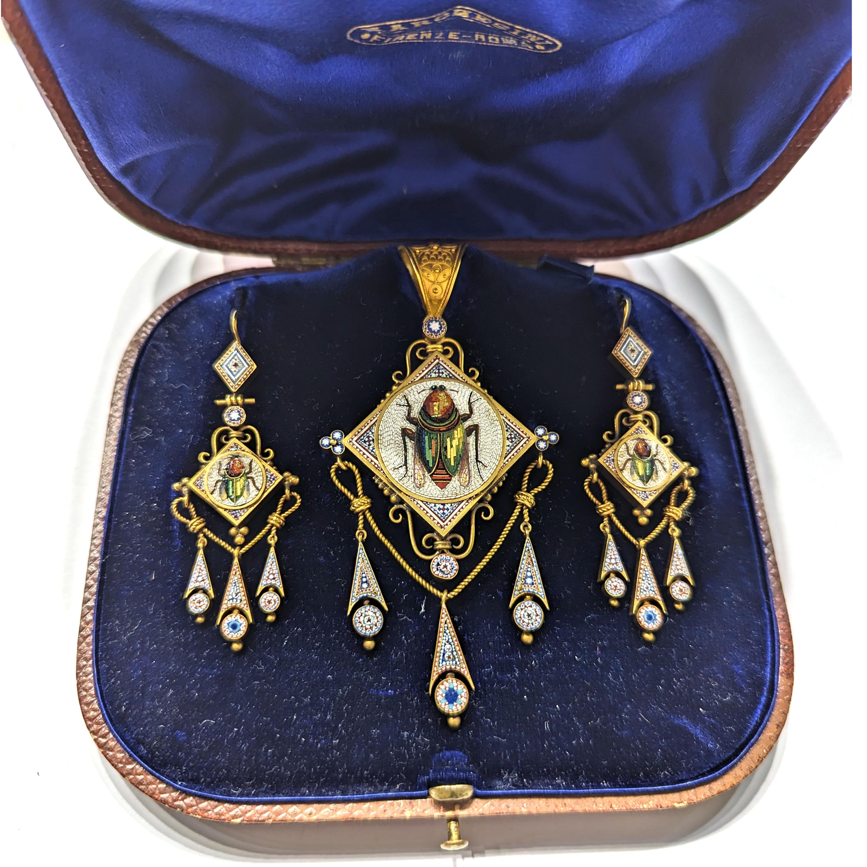 Victorian Antique Italian Micromosaic Gold Brooch-Pendant And Earrings Suite, Circa 1870 For Sale