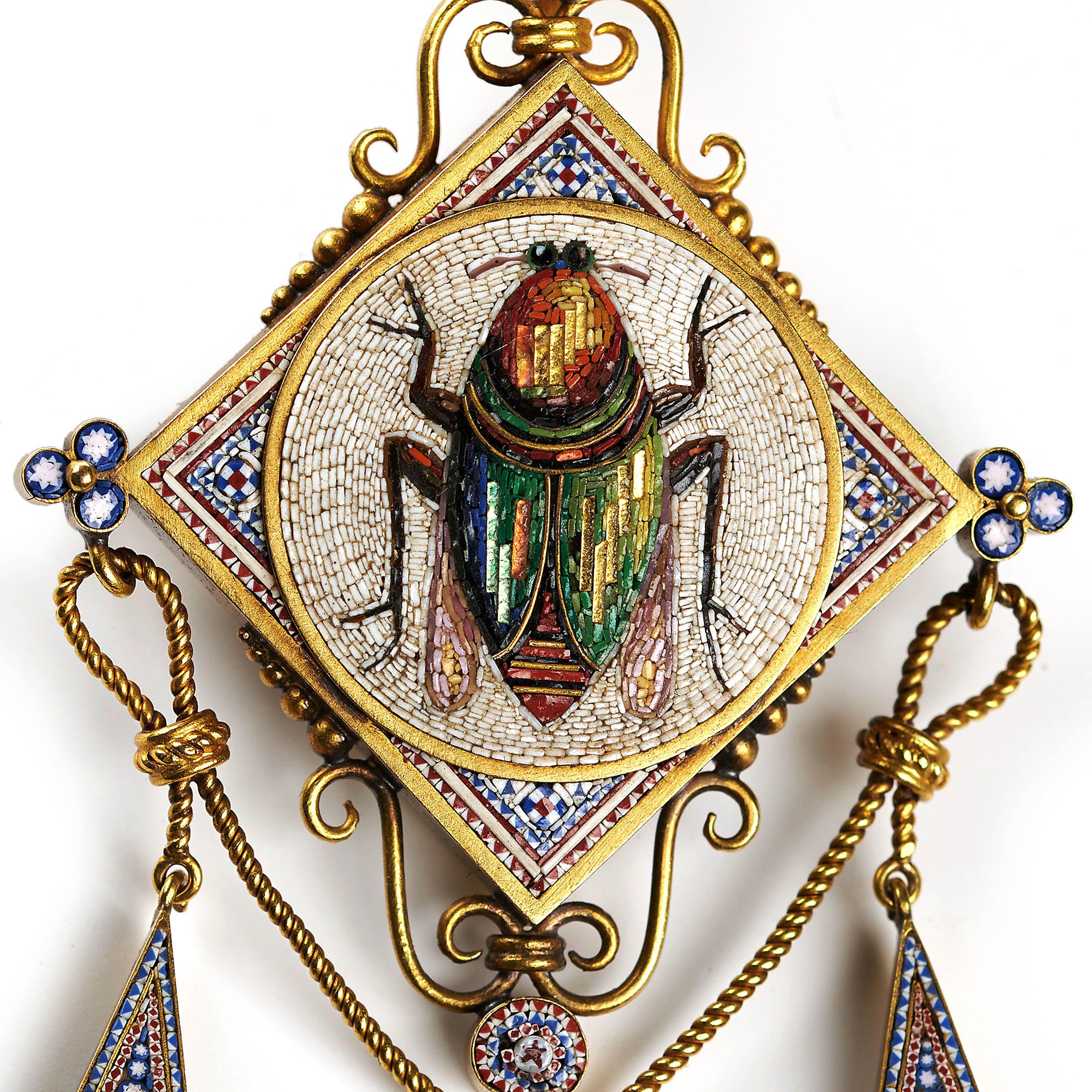 Antique Italian Micromosaic Gold Brooch-Pendant And Earrings Suite, Circa 1870 For Sale 3