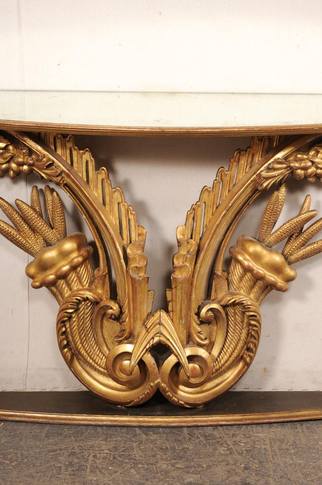20th Century Antique Italian Mirror-Top Wall Console w/Gilt Cornucopia Motif Carved Base For Sale
