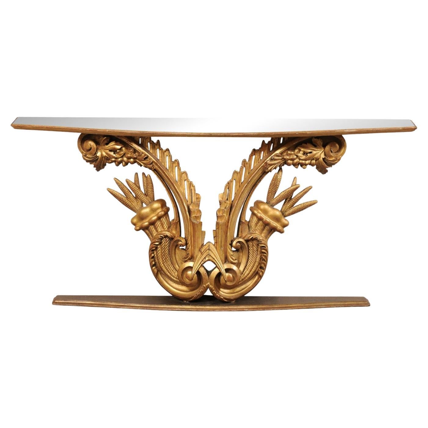 Antique Mirror-Top Console da parete con base intagliata a motivo di cornucopia dorata
