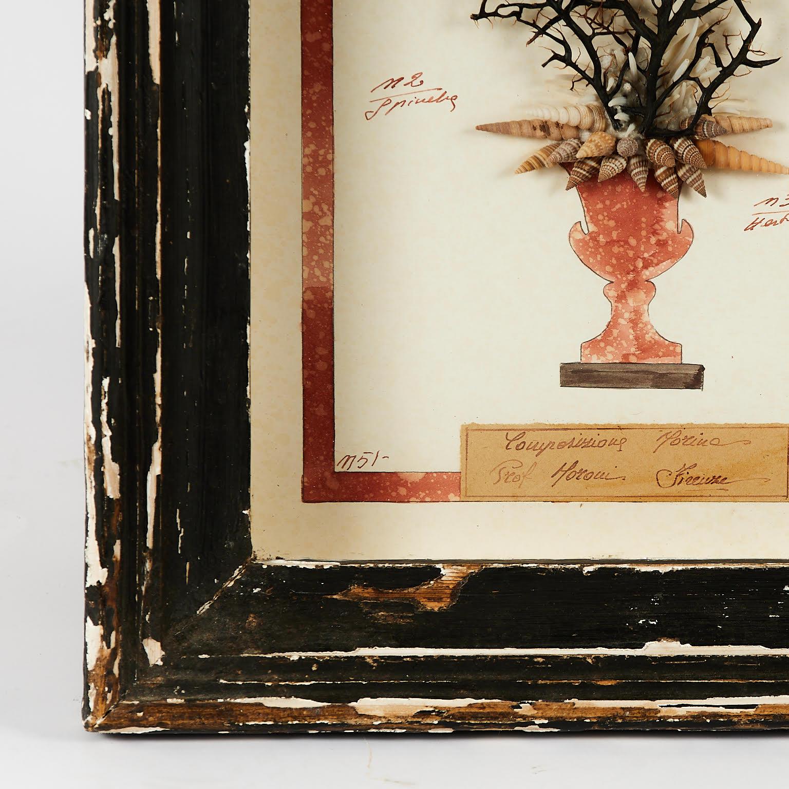 Coral Antique Italian Mixed Media Grotto Style Collage with Seashells For Sale