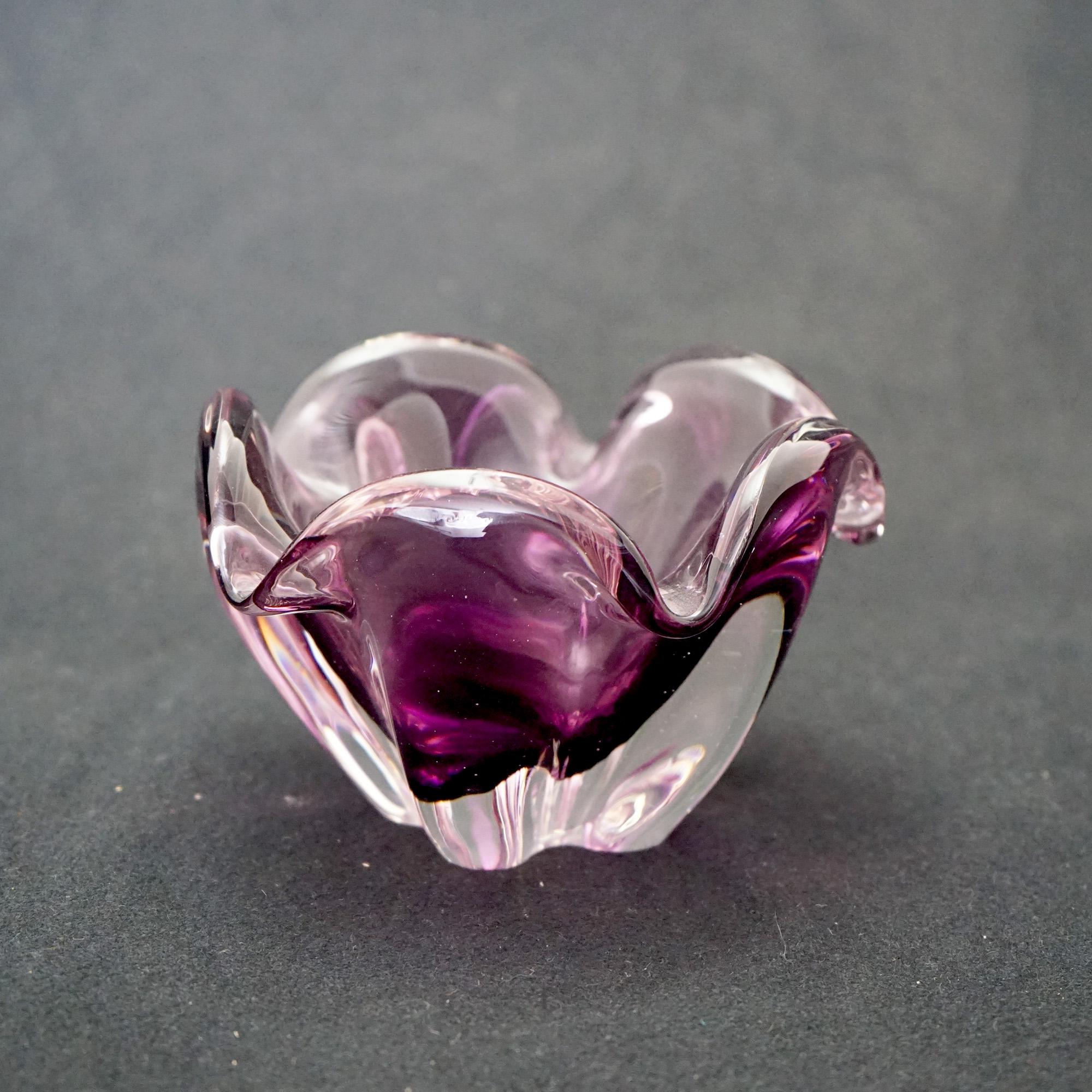 An antique Italian bowl offers Murano amethyst art glass construction in stylized floral form with ruffled rim, C1940

Measures - 3.75