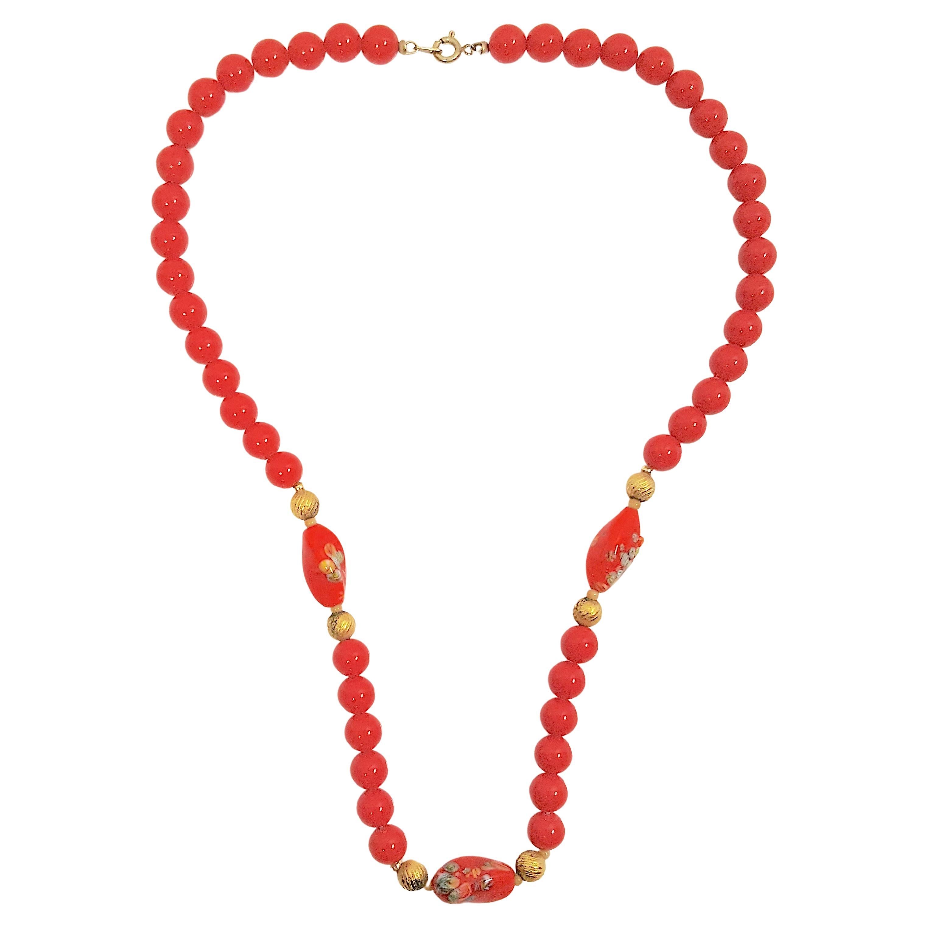 Collar antiguo italiano de cristal de Murano MicroMillefiori GoldBalls RedBeaded en venta