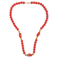 Collar antiguo italiano de cristal de Murano MicroMillefiori GoldBalls RedBeaded