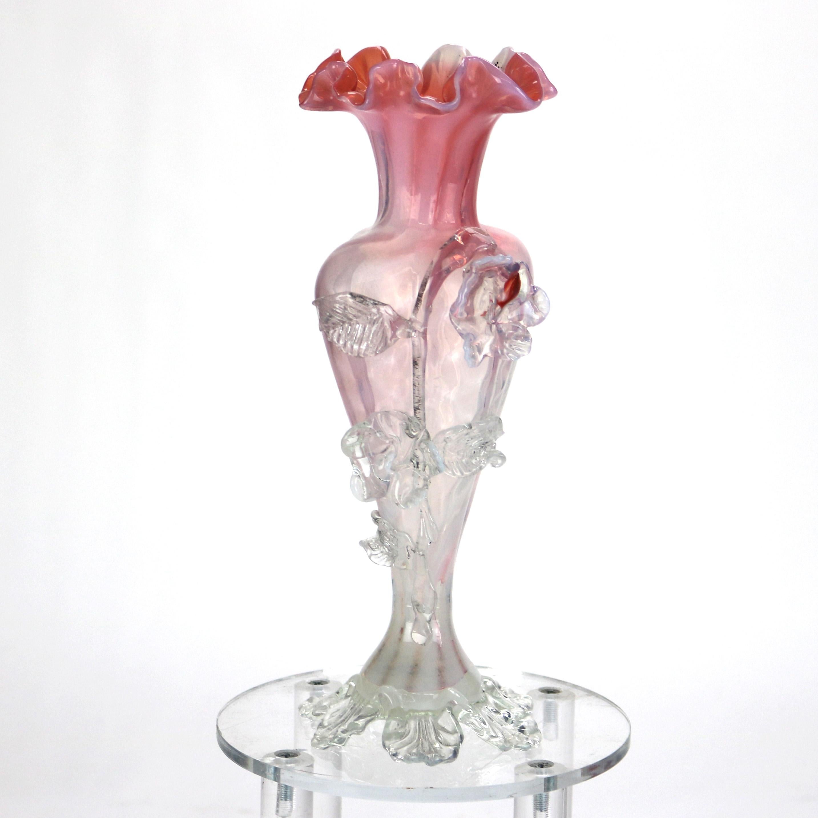 Antique Italian Murano Pink And Opaline Swirl Art Glass Vase C1930

Measures - 4