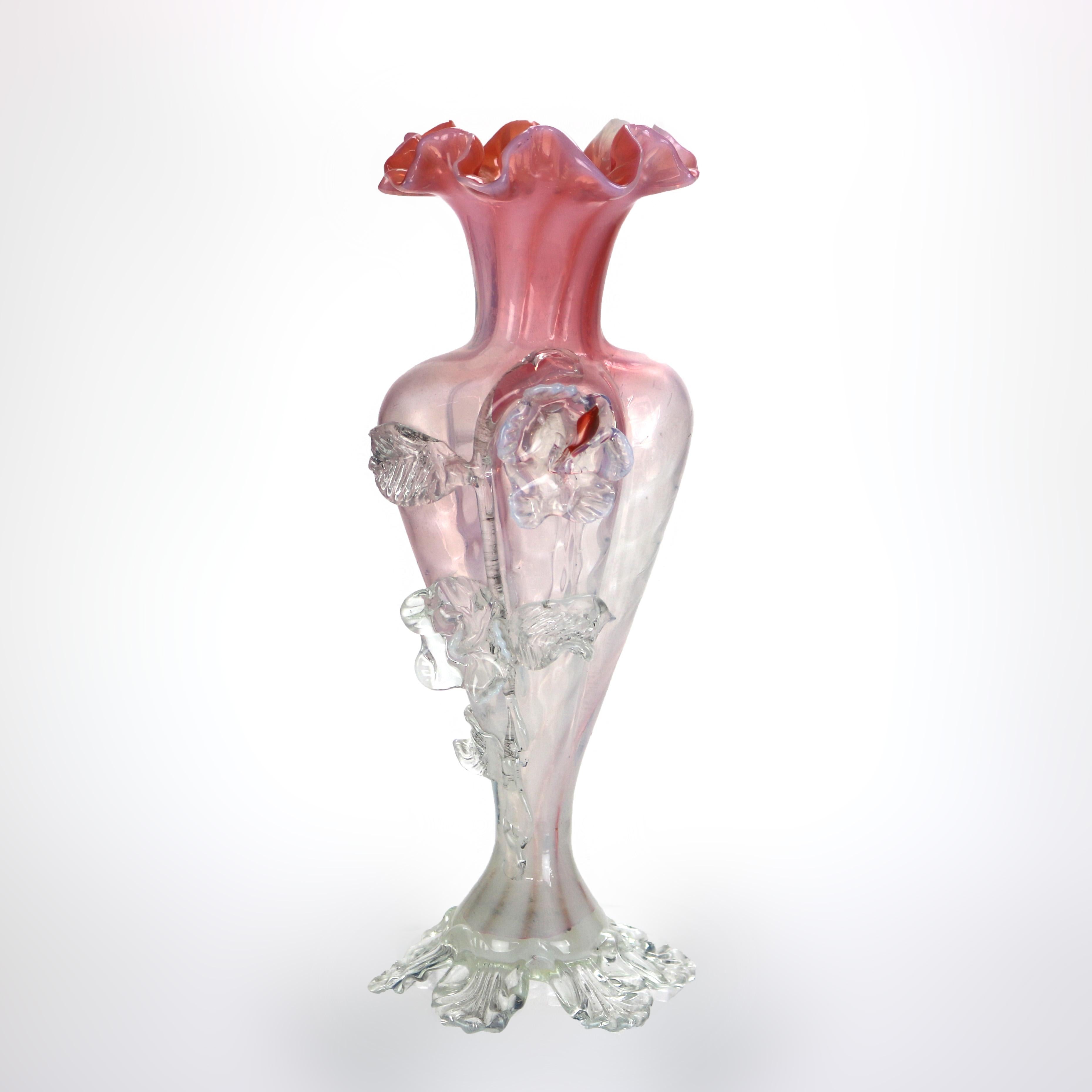Antique Italian Murano Pink & Opaline Swirl Art Glass Vase C1930 In Good Condition For Sale In Big Flats, NY