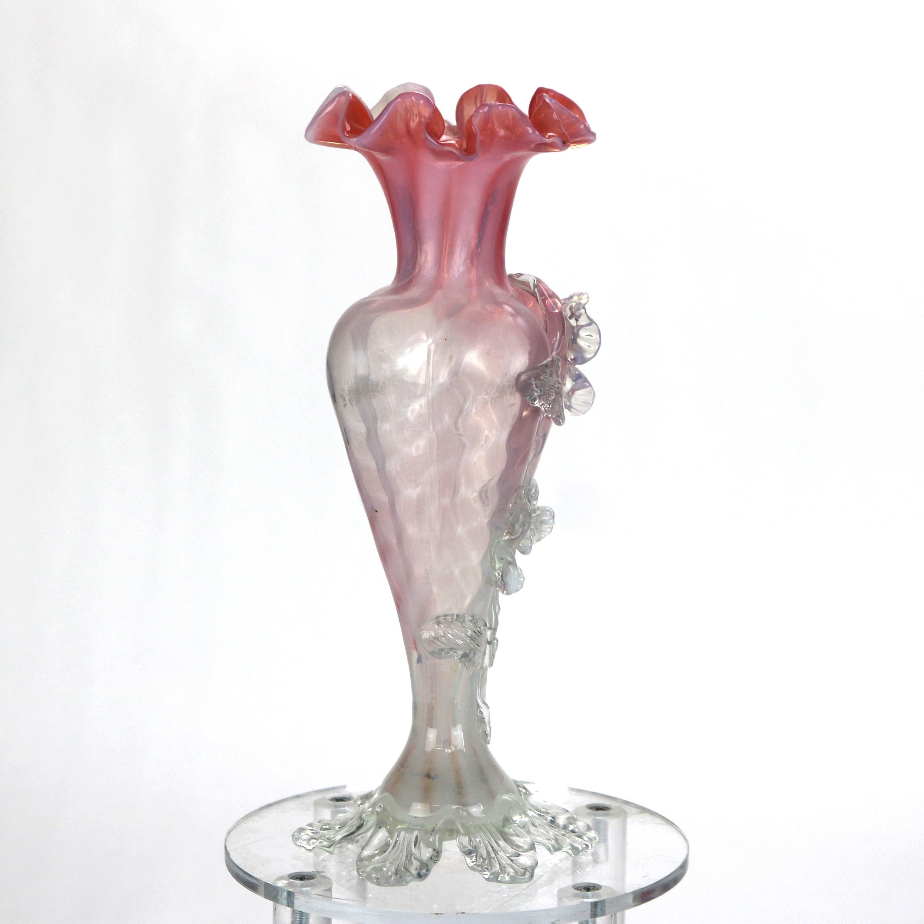 20th Century Antique Italian Murano Pink & Opaline Swirl Art Glass Vase C1930 For Sale