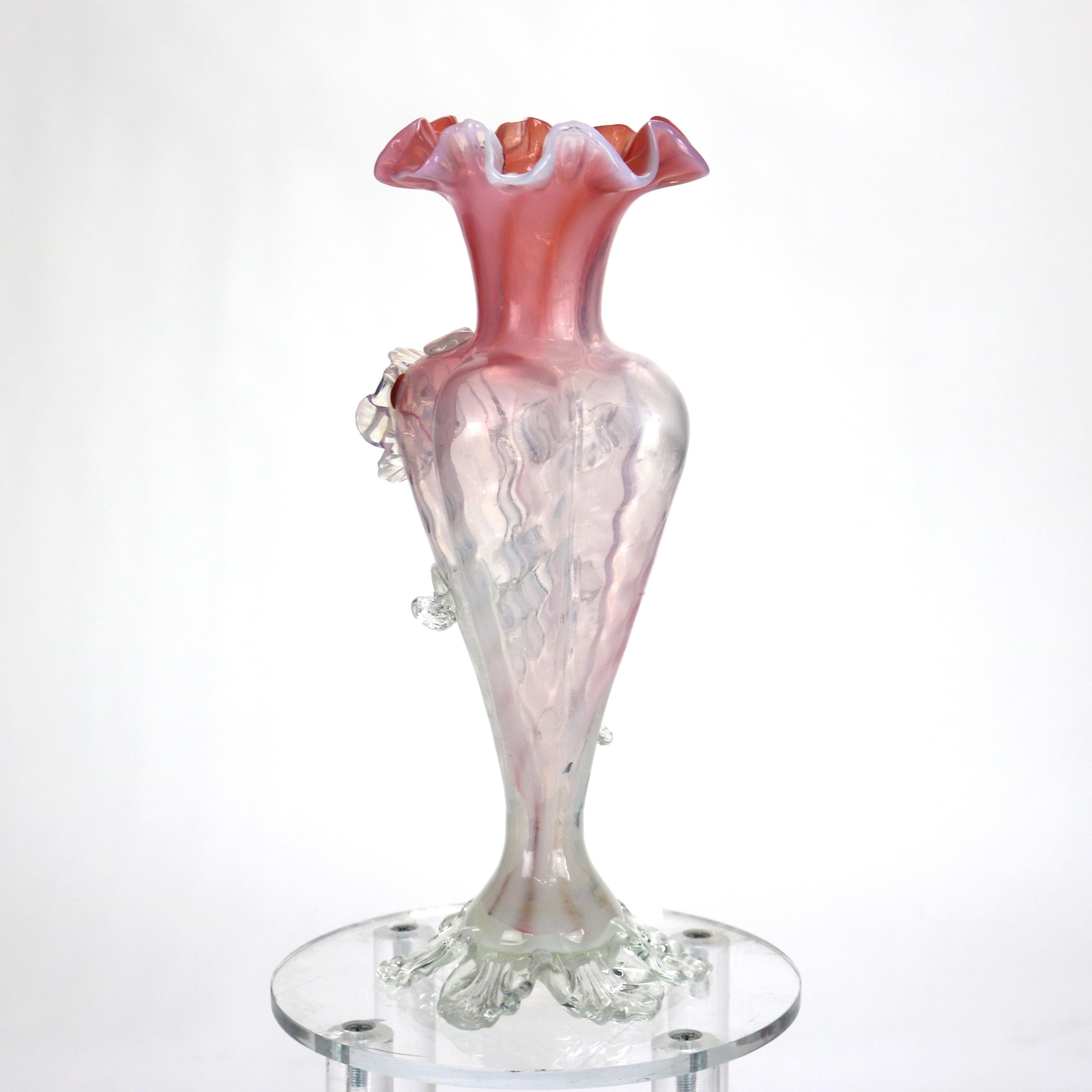 Antique Italian Murano Pink & Opaline Swirl Art Glass Vase C1930 For Sale 2