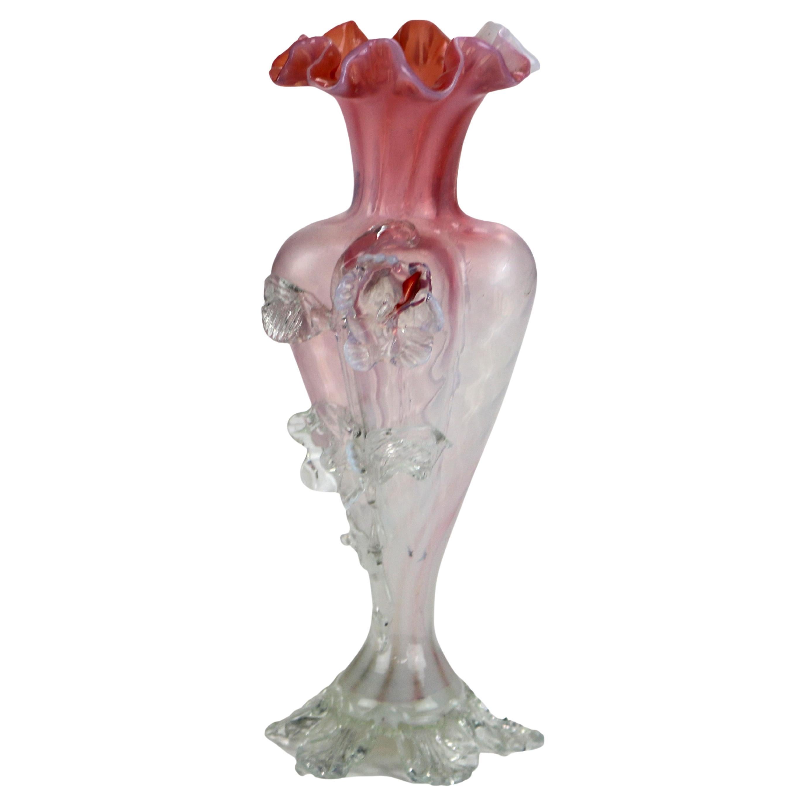 Antique Italian Murano Pink & Opaline Swirl Art Glass Vase C1930