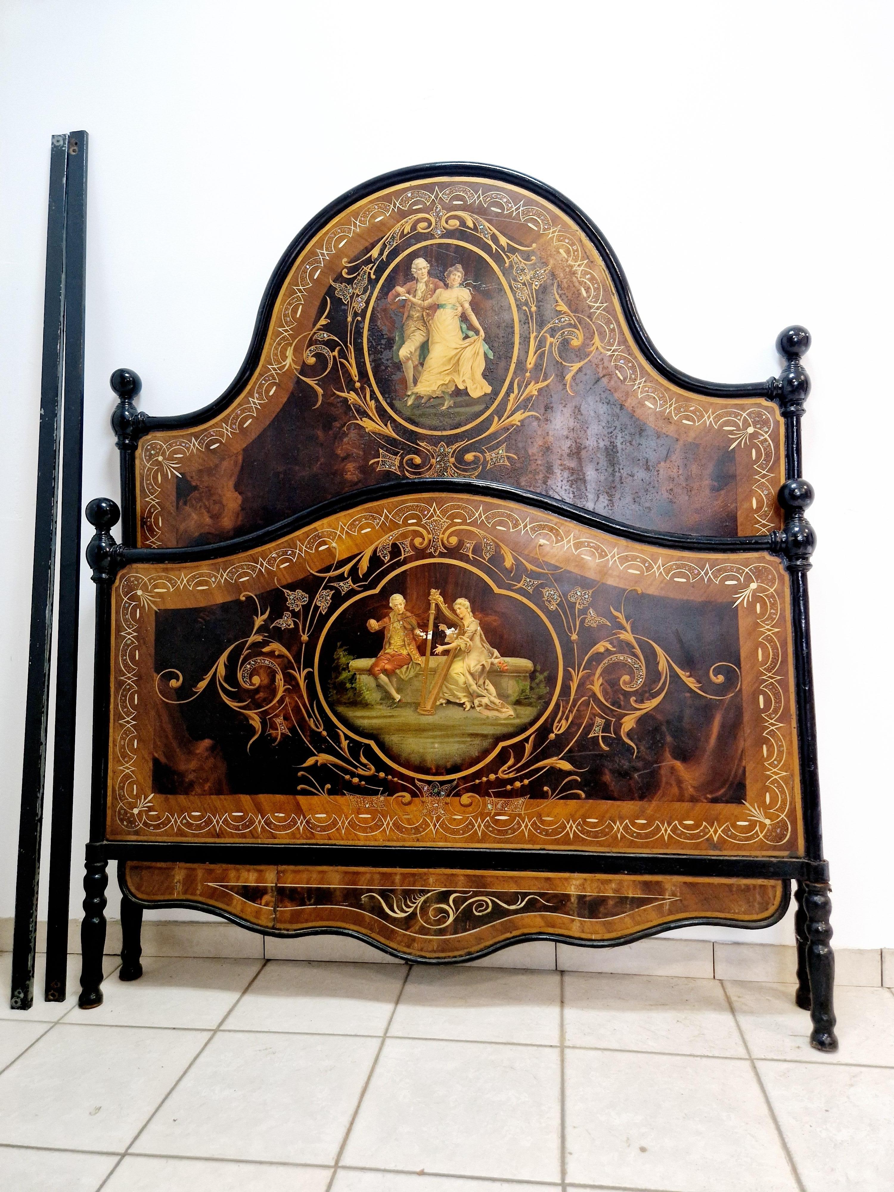 Antigua cama de matrimonio italiana de hierro Napoleón III Incrustación en venta