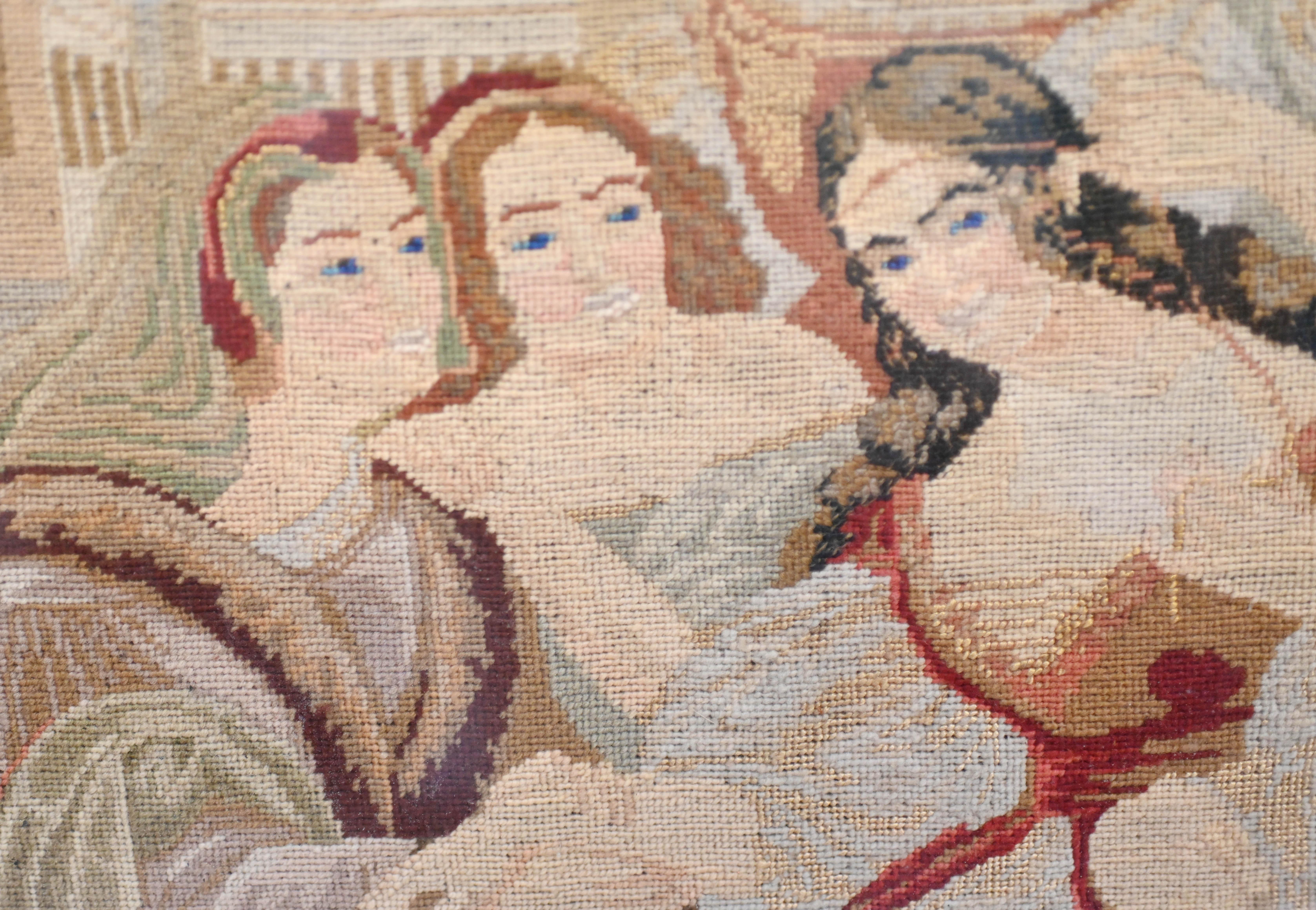 Antique Italian Needlepoint Tapestry Courtly Maidens 1865 5