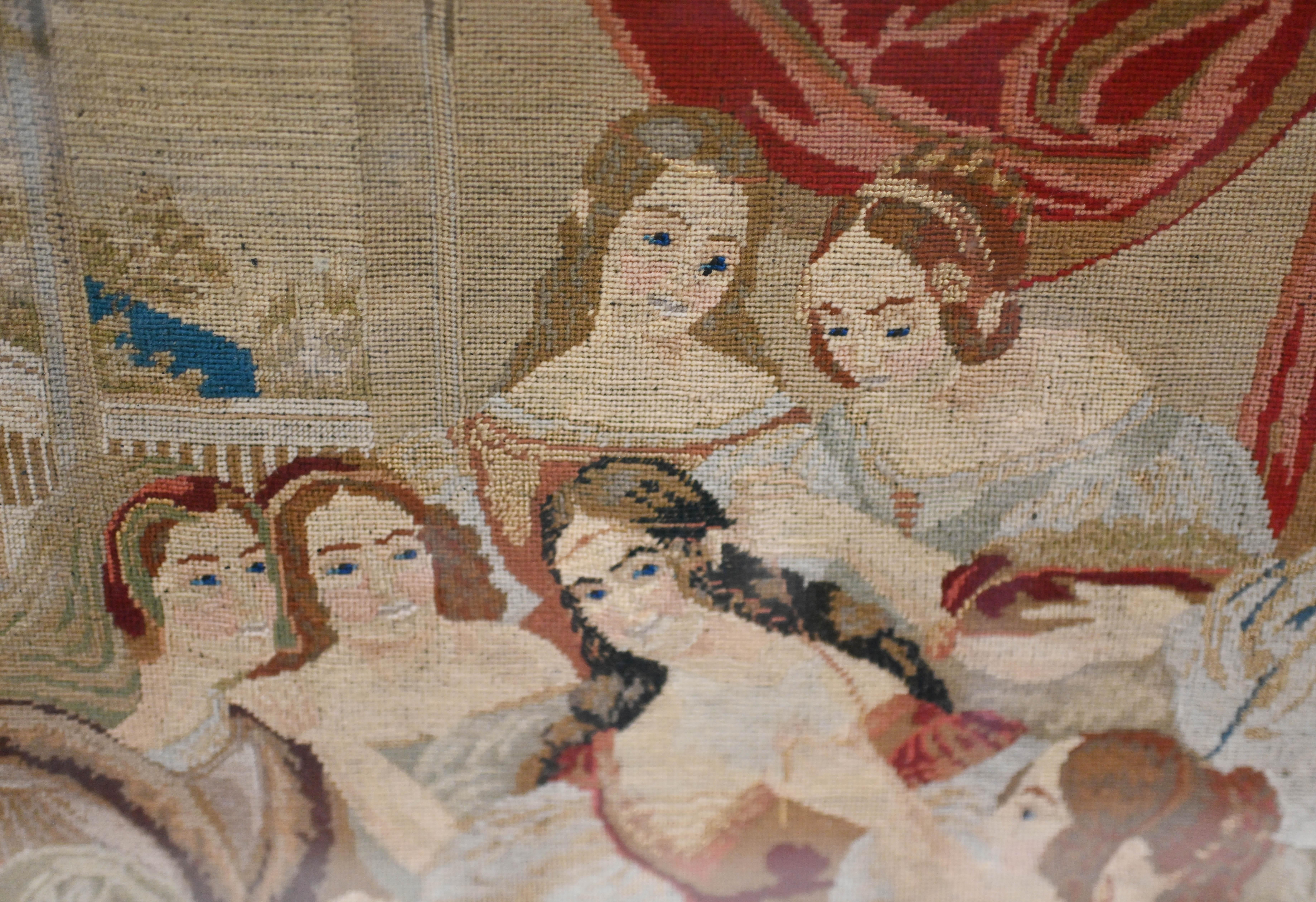 Wonderful antique Italian tapestry in a mahogany frame
Hand woven needle point  depicting young ladies in a communal social environment - looks like a courtly scene
Piece is signed Maria Bill and dated 1865
To the corners at the top are intricate