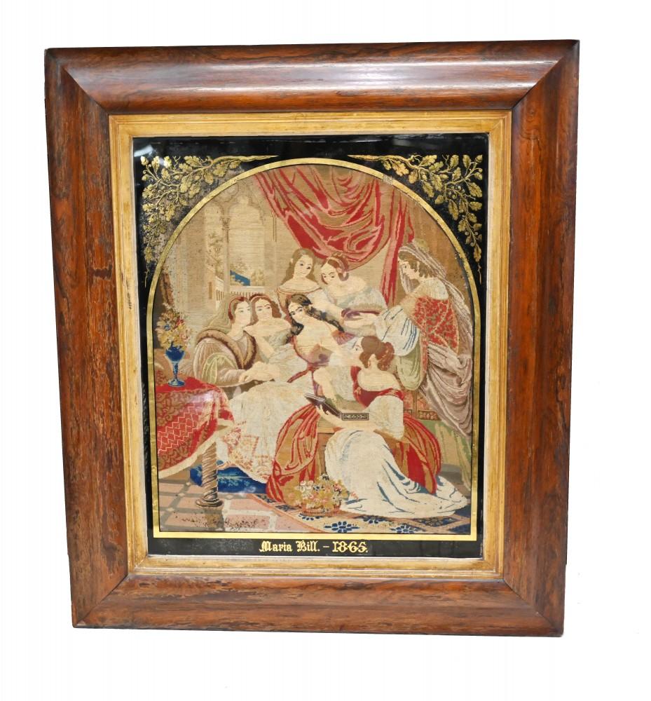 Wonderful antique Italian tapestry in a mahogany frame
Hand woven needle point  depicting young ladies in a communal social environment - looks like a courtly scene
Piece is signed Maria Bill and dated 1865
To the corners at the top are intricate
