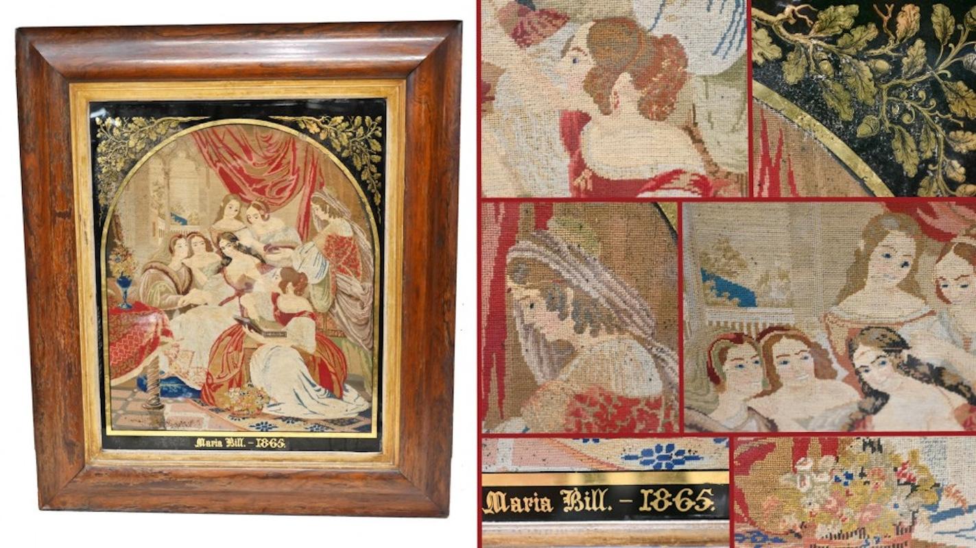 Antique Italian Needlepoint Tapestry Courtly Maidens 1865 In Good Condition For Sale In Potters Bar, GB