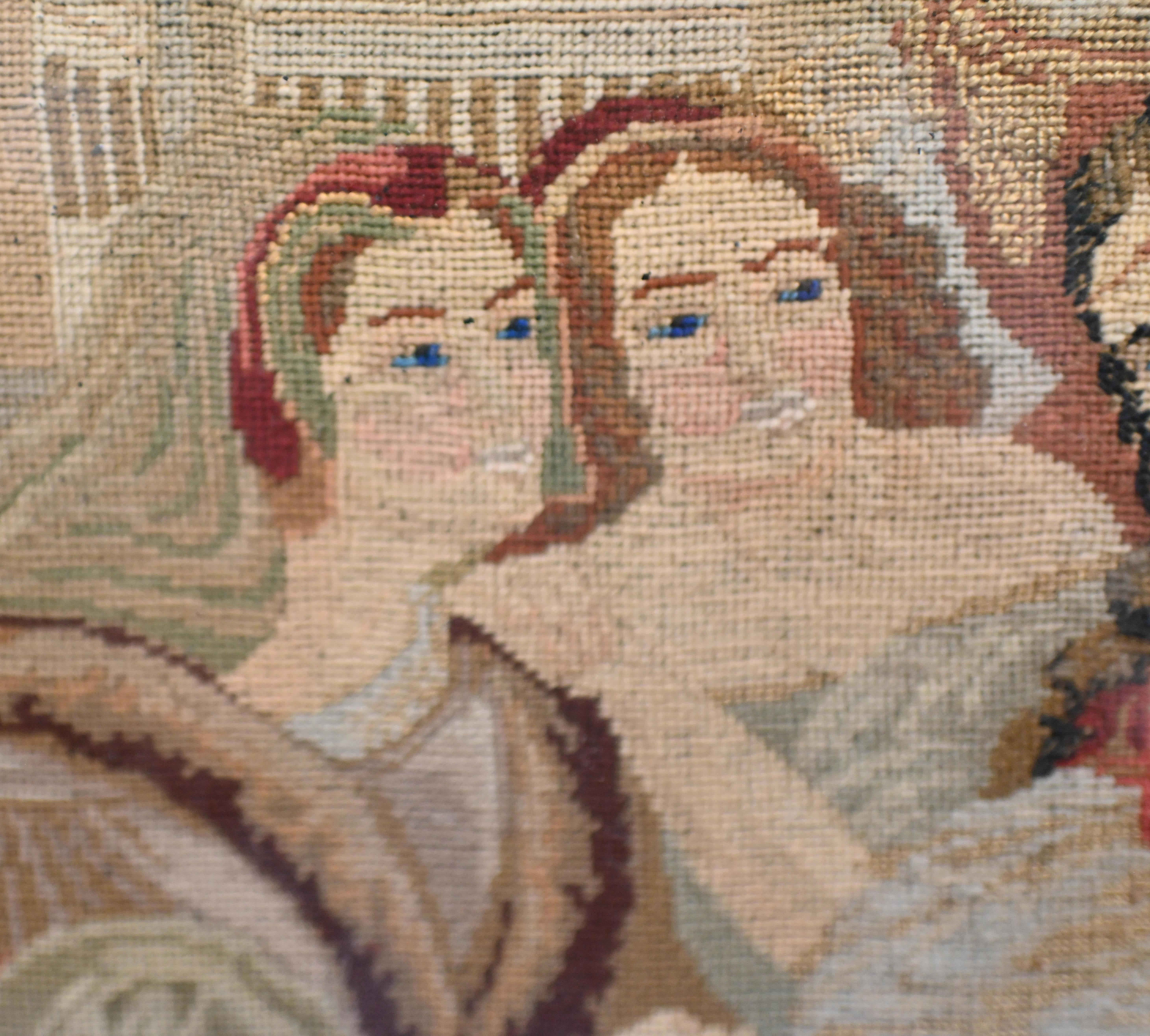 Mahogany Antique Italian Needlepoint Tapestry Courtly Maidens 1865