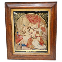 Antique Italian Needlepoint Tapestry Courtly Maidens 1865