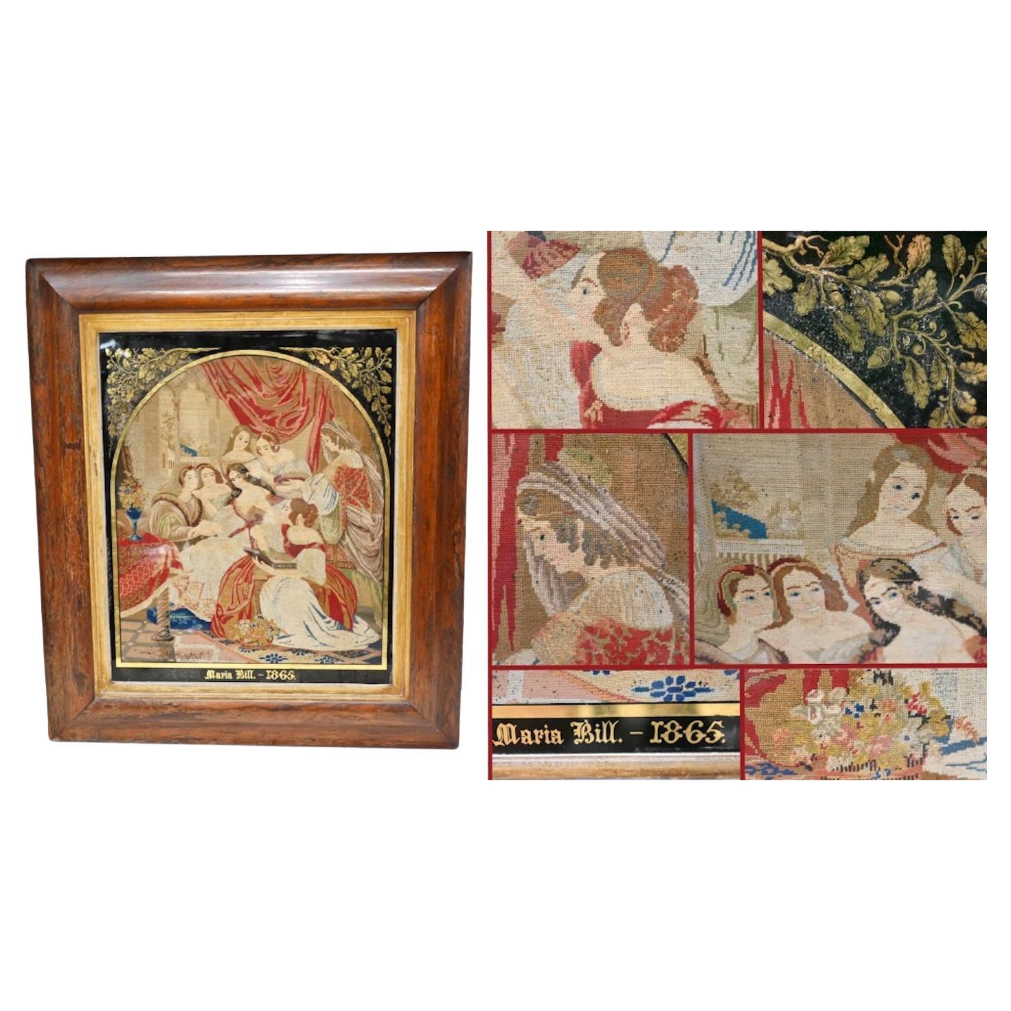 Antique Italian Needlepoint Tapestry Courtly Maidens 1865 For Sale