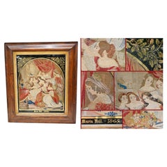 Antique Italian Needlepoint Tapestry Courtly Maidens 1865
