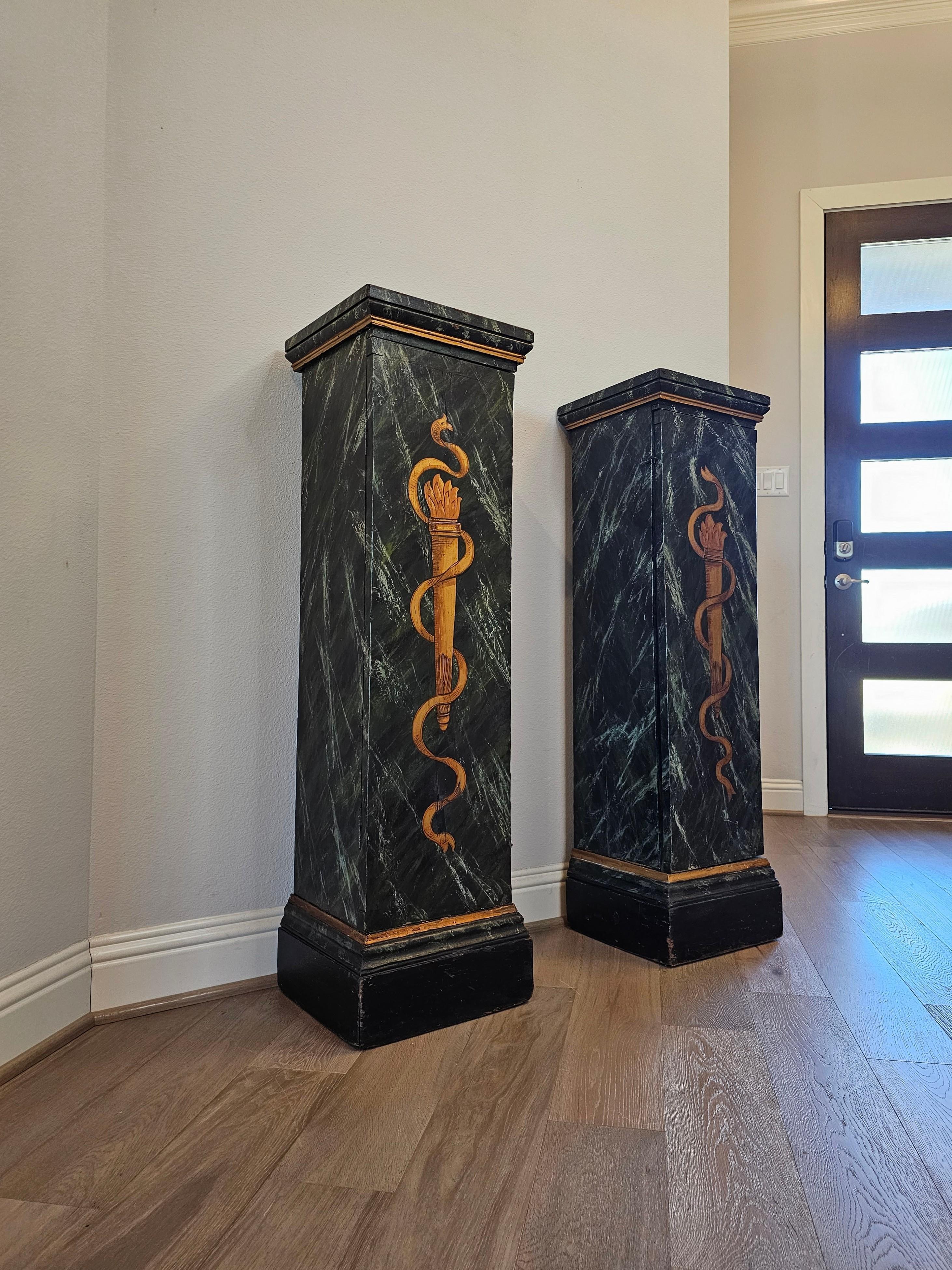Antique Italian Neo-classical Marbleized Wood Pedestal Cabinet Stand Pair For Sale 5
