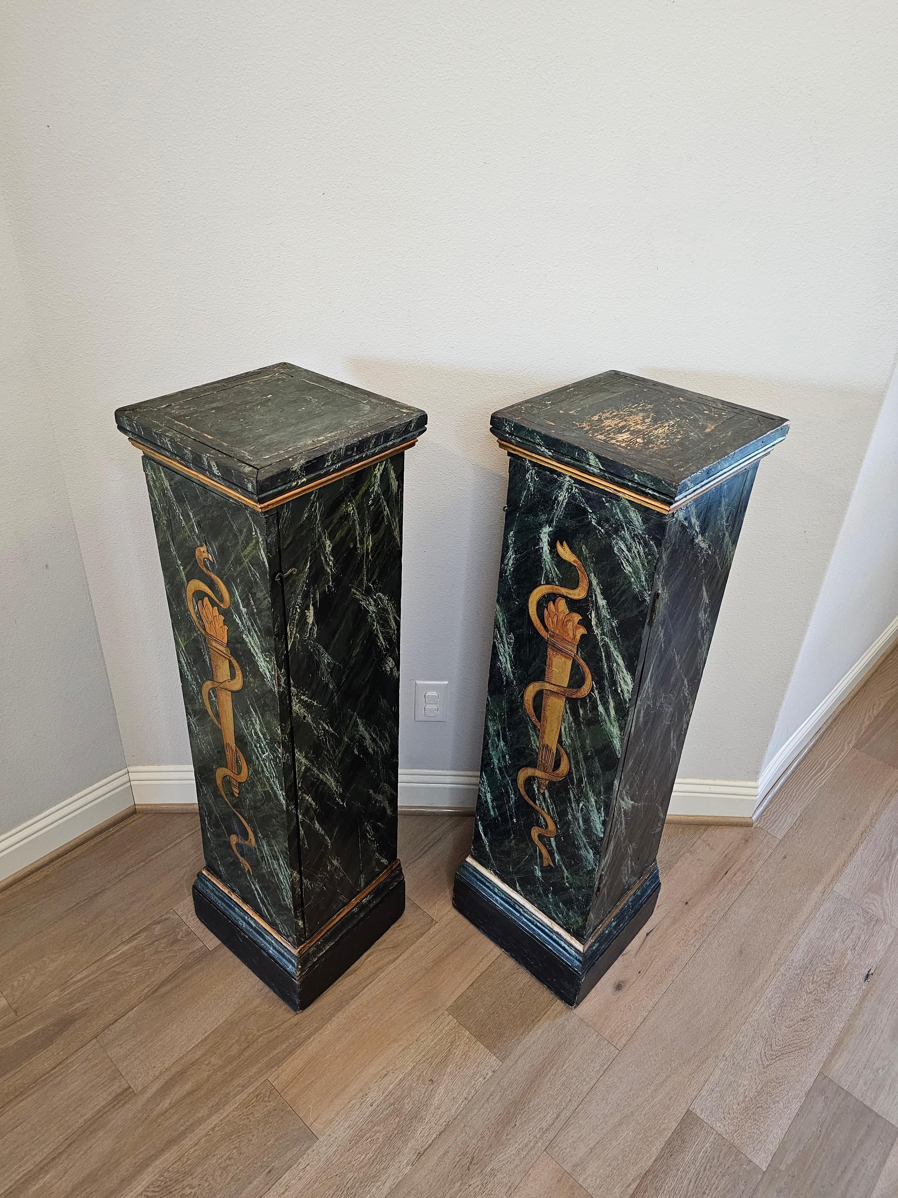 Antique Italian Neo-classical Marbleized Wood Pedestal Cabinet Stand Pair For Sale 8