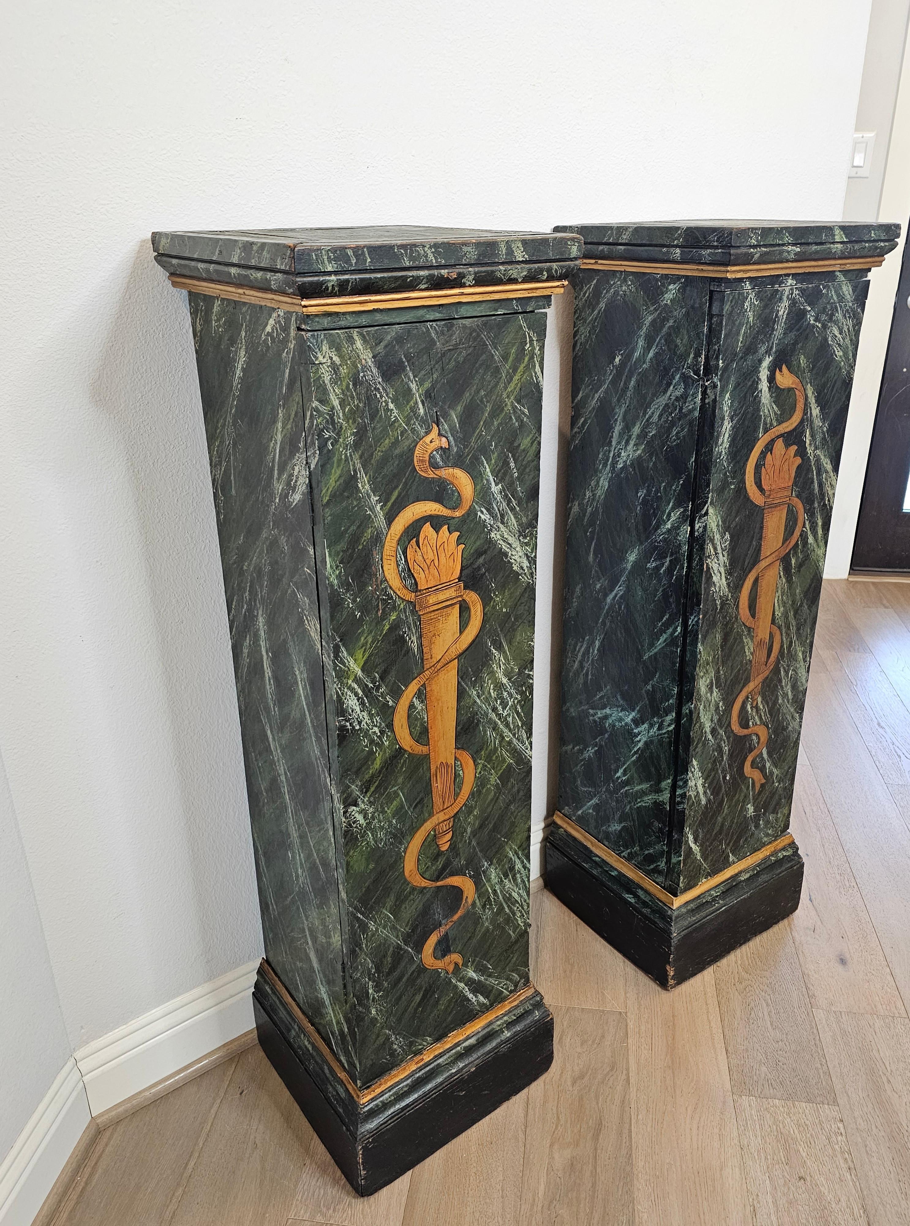 Antique Italian Neo-classical Marbleized Wood Pedestal Cabinet Stand Pair For Sale 9