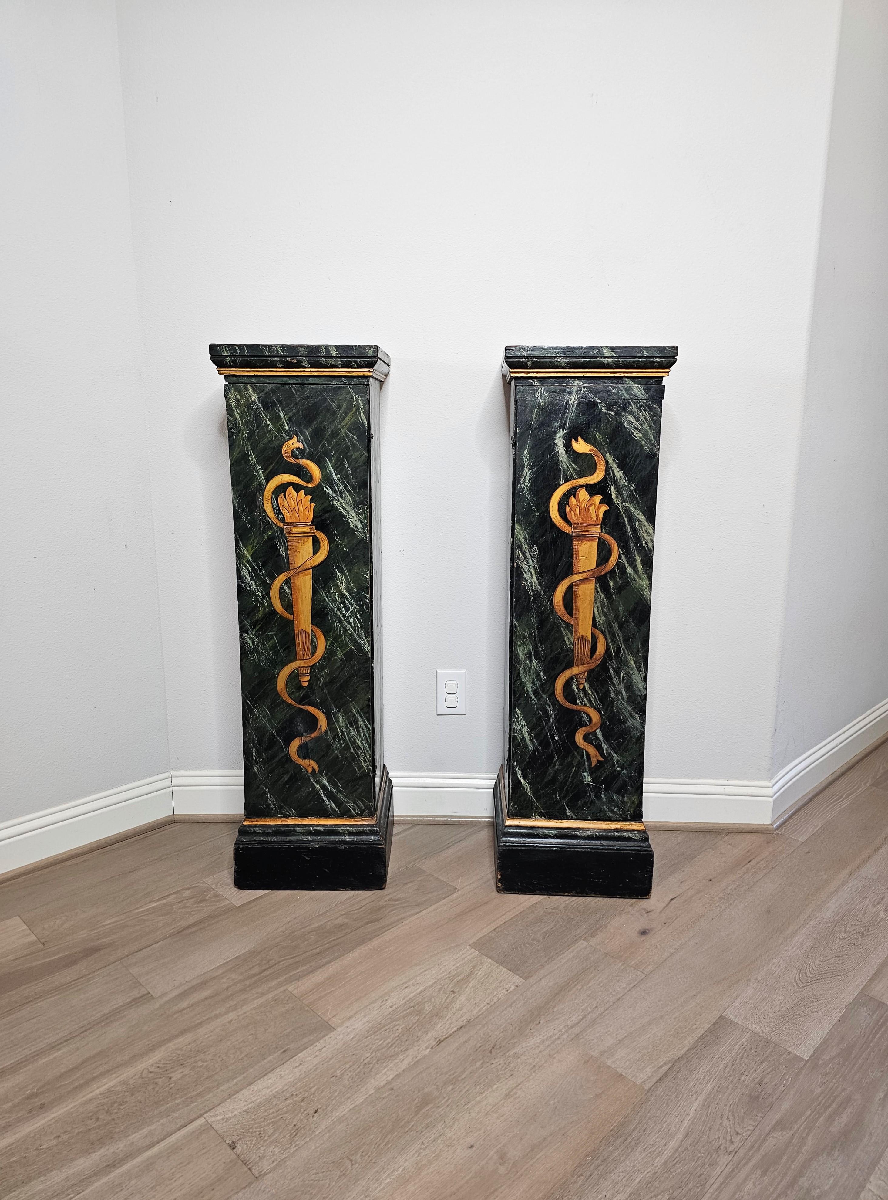 Neoclassical Antique Italian Neo-classical Marbleized Wood Pedestal Cabinet Stand Pair For Sale