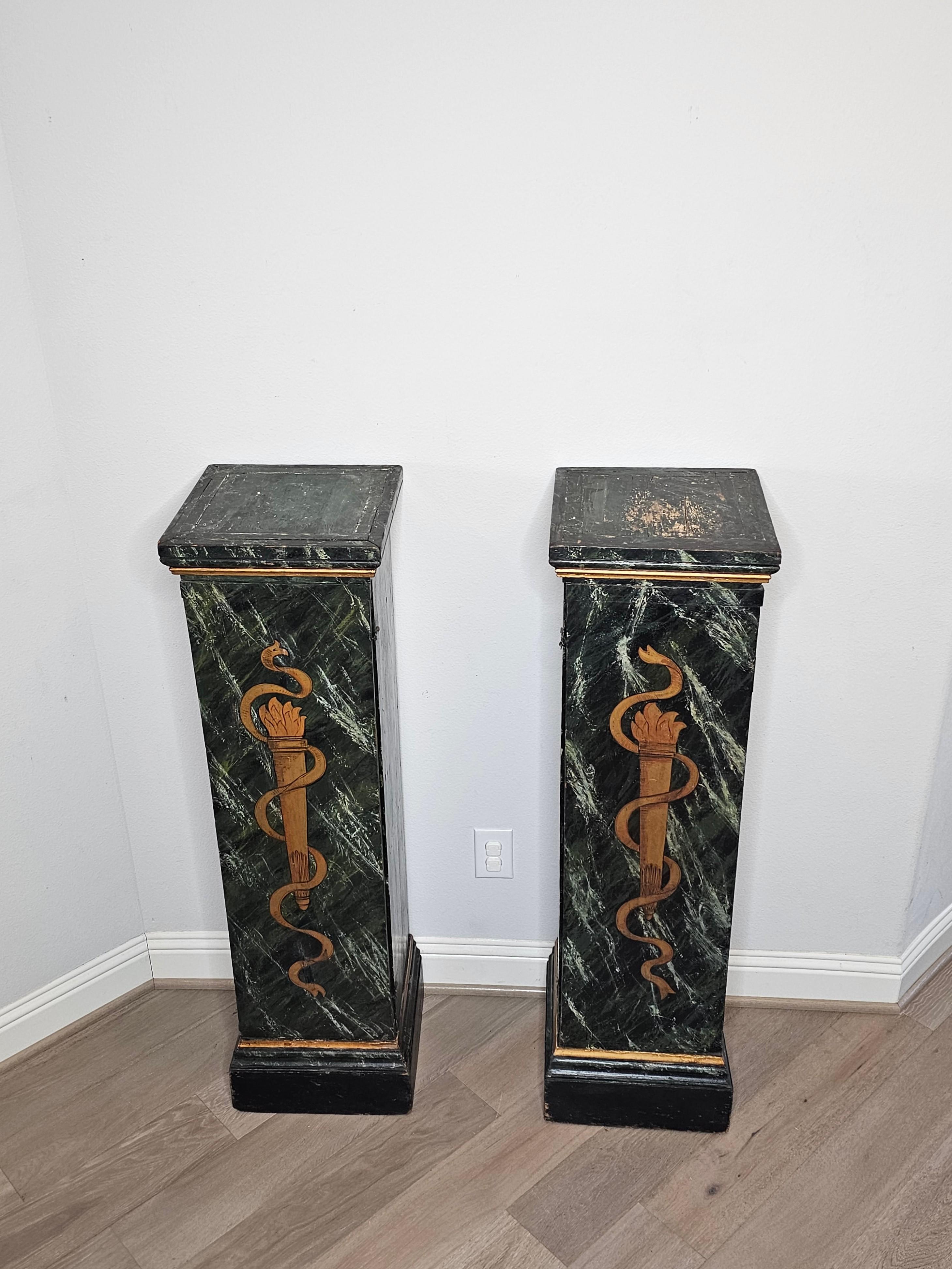 Polychromed Antique Italian Neo-classical Marbleized Wood Pedestal Cabinet Stand Pair For Sale