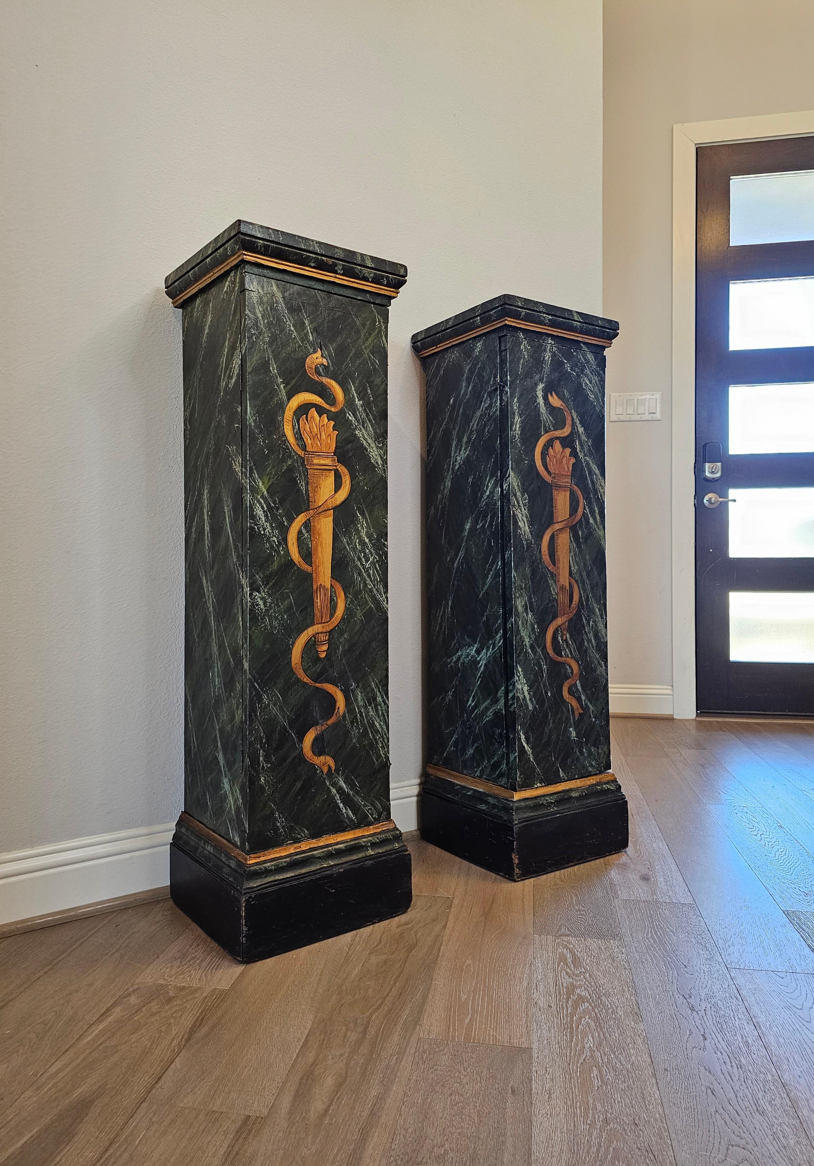 Antique Italian Neo-classical Marbleized Wood Pedestal Cabinet Stand Pair In Fair Condition For Sale In Forney, TX