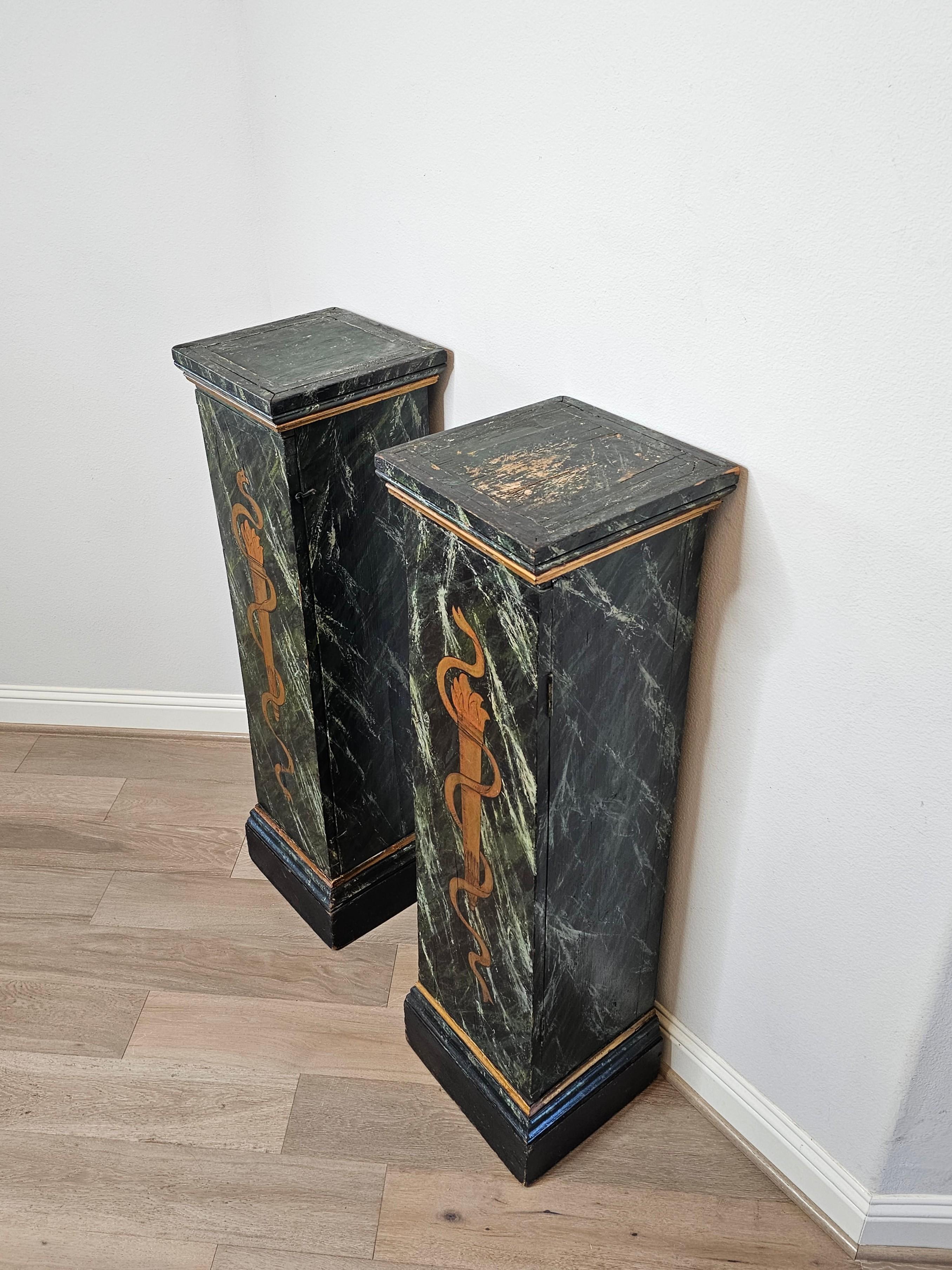 Antique Italian Neo-classical Marbleized Wood Pedestal Cabinet Stand Pair For Sale 1