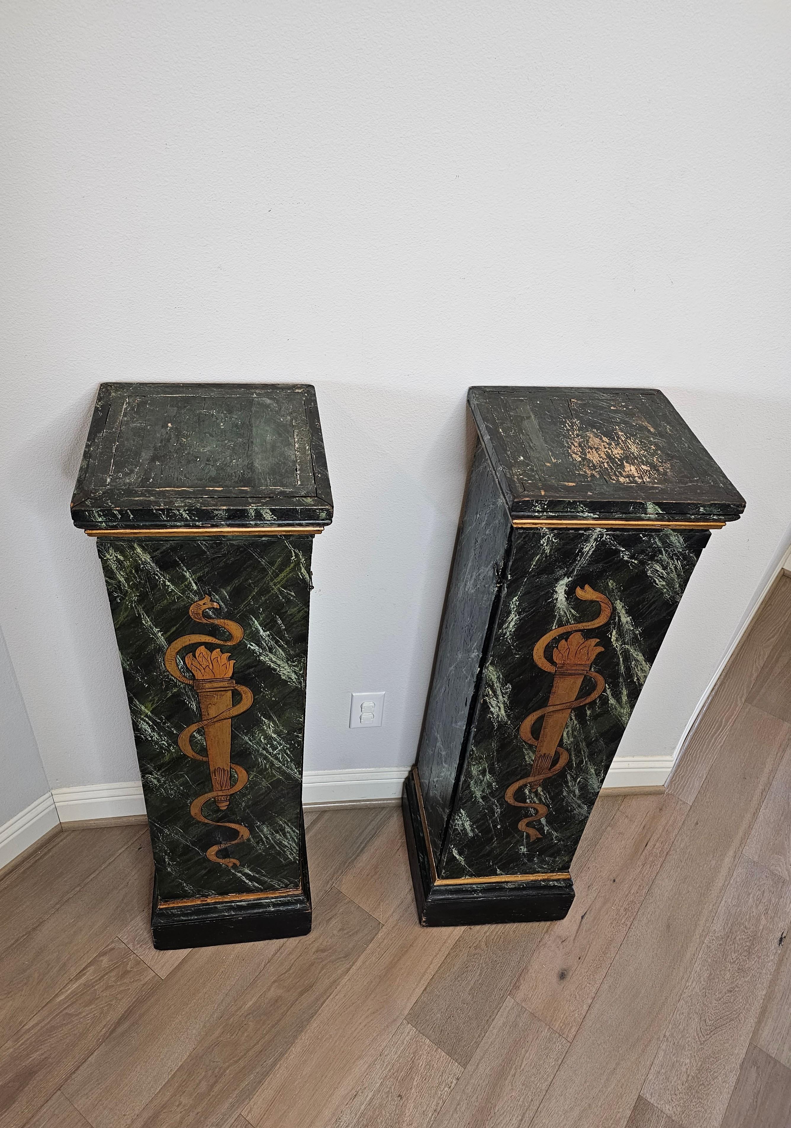 Antique Italian Neo-classical Marbleized Wood Pedestal Cabinet Stand Pair For Sale 2