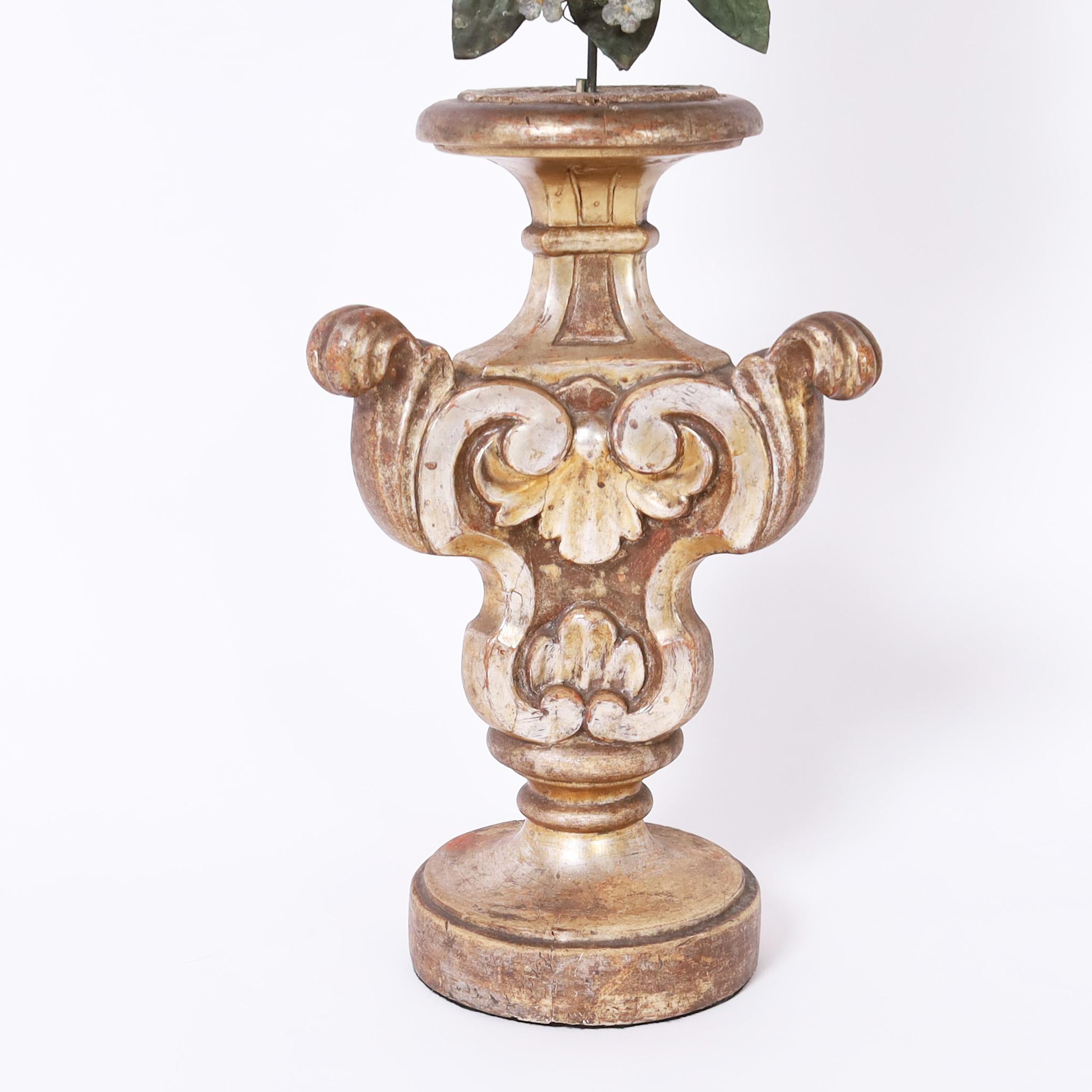 Metal Antique Italian Neoclassic Wood Stand with Tole Flowers For Sale