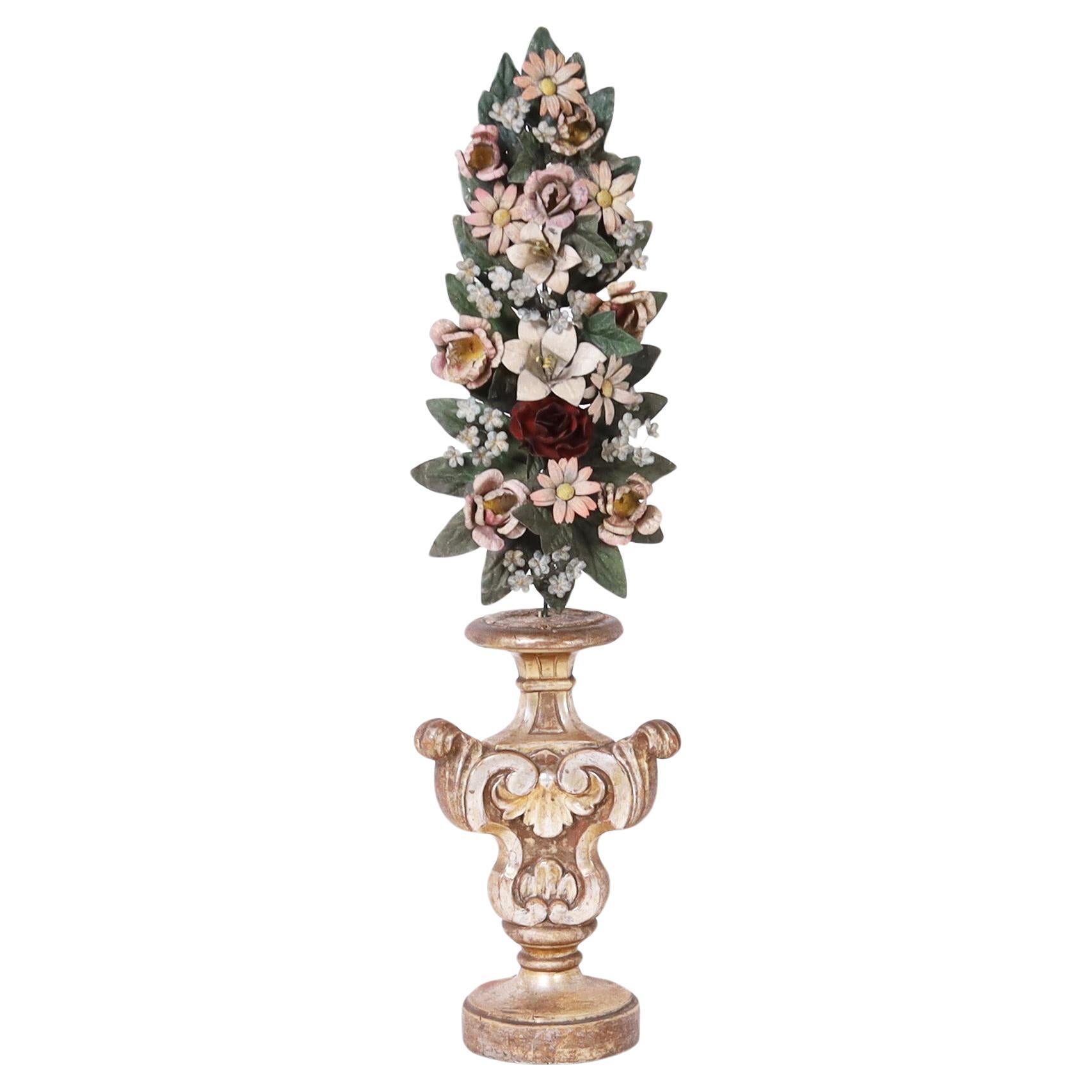 Antique Italian Neoclassic Wood Stand with Tole Flowers