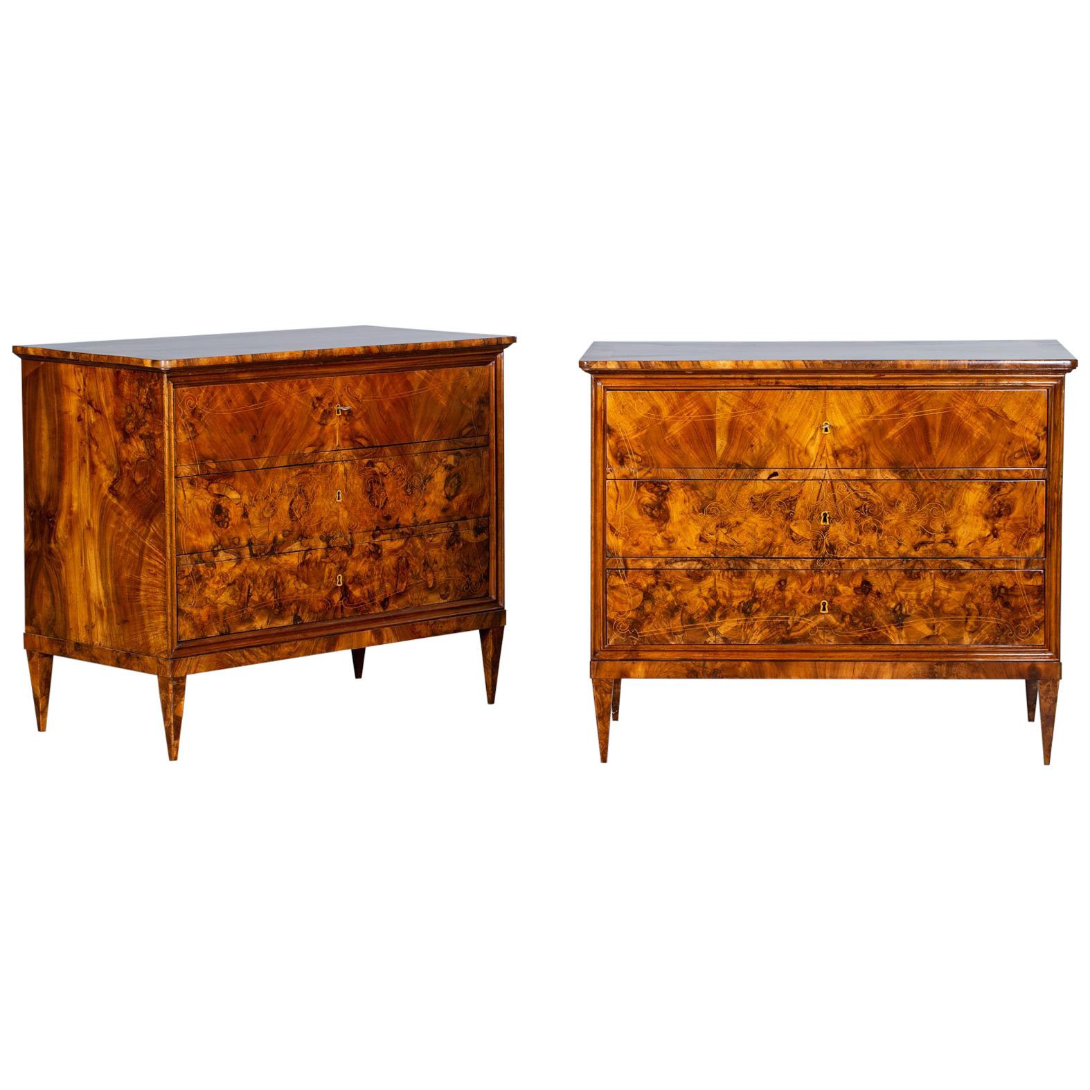 Antique Neoclassical Burl Walnut and Maple Inlay Chest of Drawers, Pair