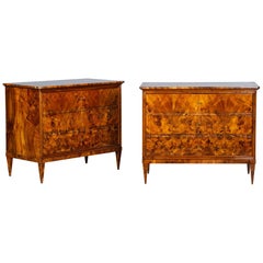 Antique Neoclassical Burl Walnut and Maple Inlay Chest of Drawers, Pair
