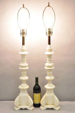 Antique Italian Neoclassical Carved Alabaster Marble Column Table Lamps - a Pair