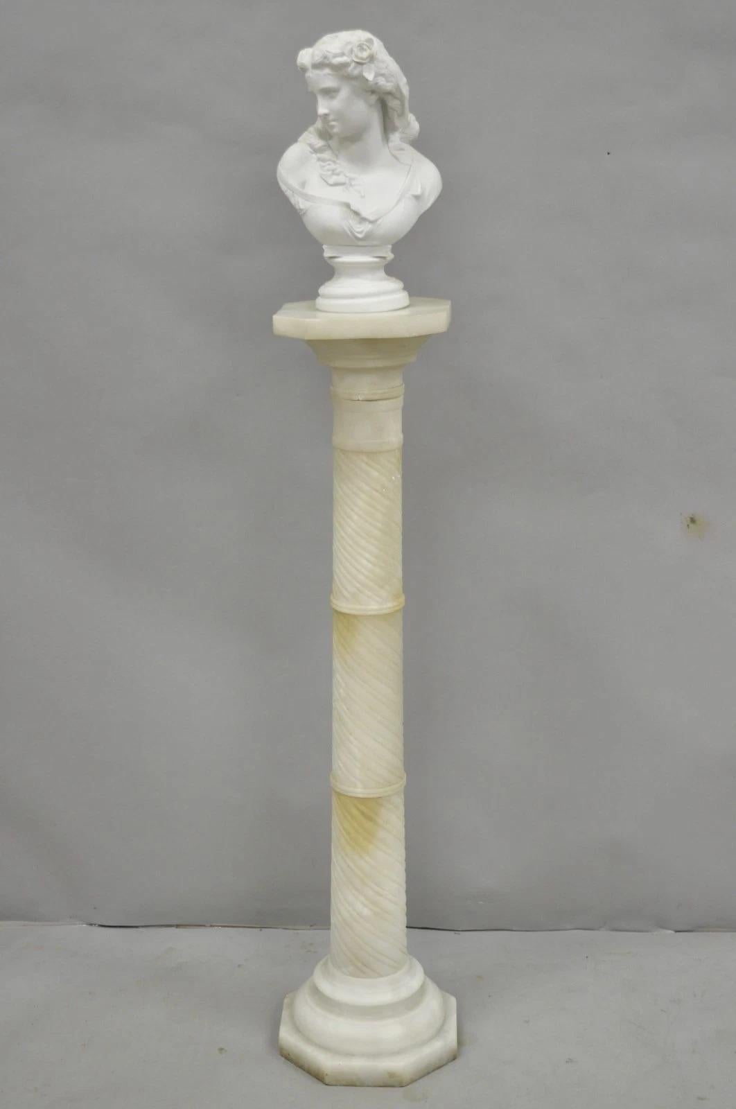 Please message us with your zip code to request a more reasonable domestic U.S. shipping quote.

Antique Italian Neoclassical Carved Alabaster Spiral Column Narrow Pedestal Plant Stand. Circa Early 20th Century. Measurements: 39.5