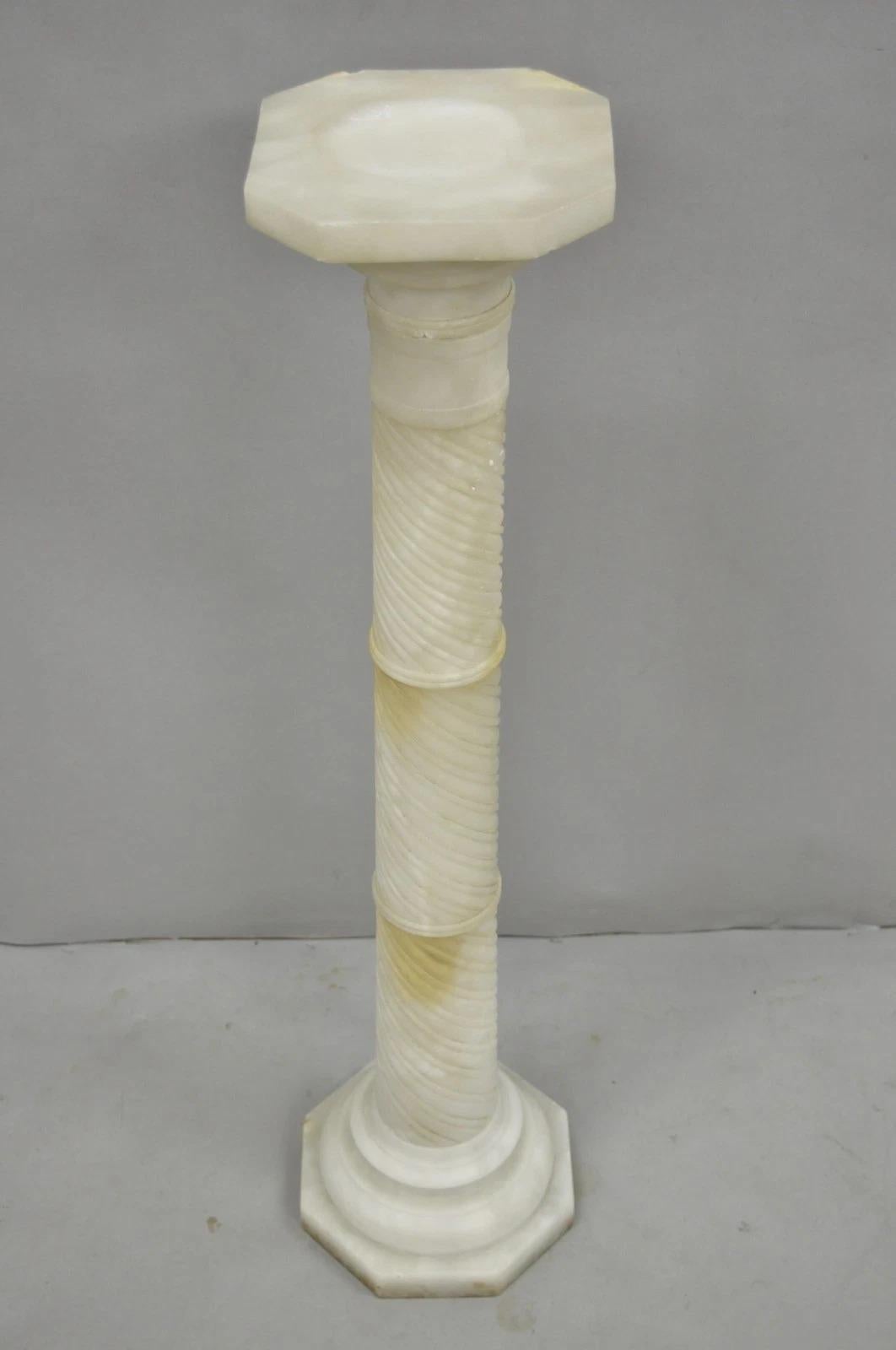 Unknown Antique Italian Neoclassical Carved Alabaster Spiral Column Narrow Pedestal For Sale
