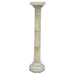 Antique Italian Neoclassical Carved Alabaster Spiral Column Narrow Pedestal