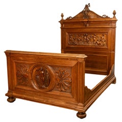Antique Italian Neoclassical Carved Walnut Size Bed Angels Cherubs Nudes 1870