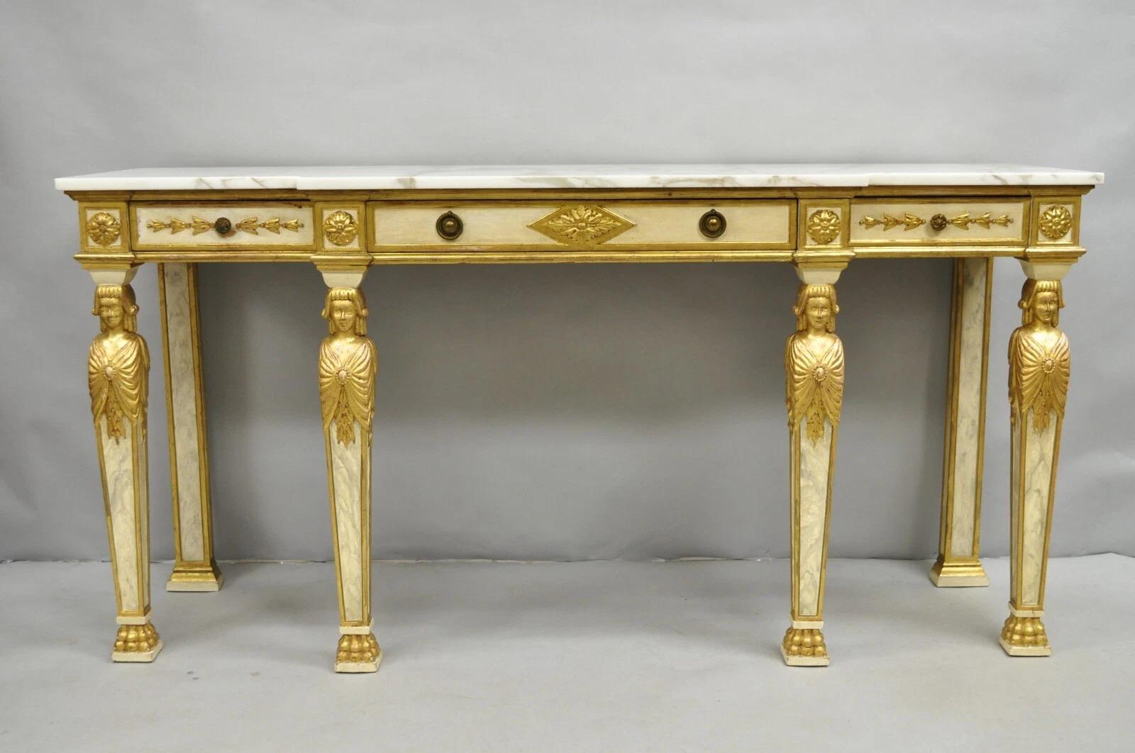 Antique Italian Neoclassical Cream & Gold Marble Top Figural Long Console Table im Angebot 5
