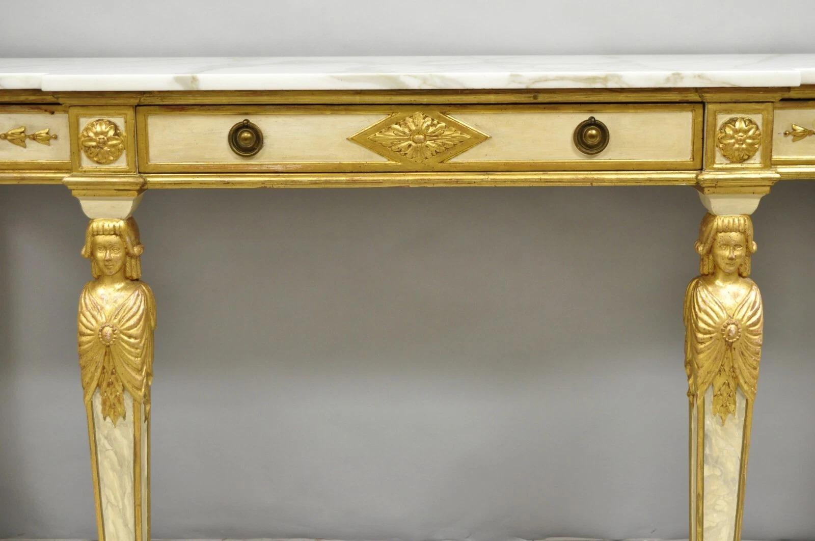 Antique Italian Neoclassical Cream & Gold Marble Top Figural Long Console Table im Zustand „Gut“ im Angebot in Philadelphia, PA