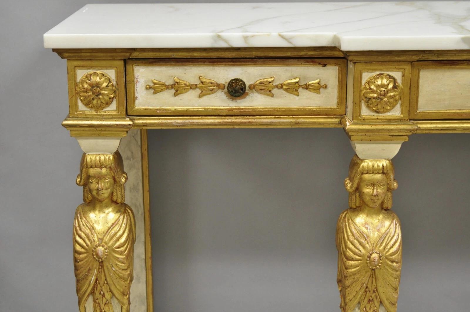 Antique Italian Neoclassical Cream & Gold Marble Top Figural Long Console Table (20. Jahrhundert) im Angebot