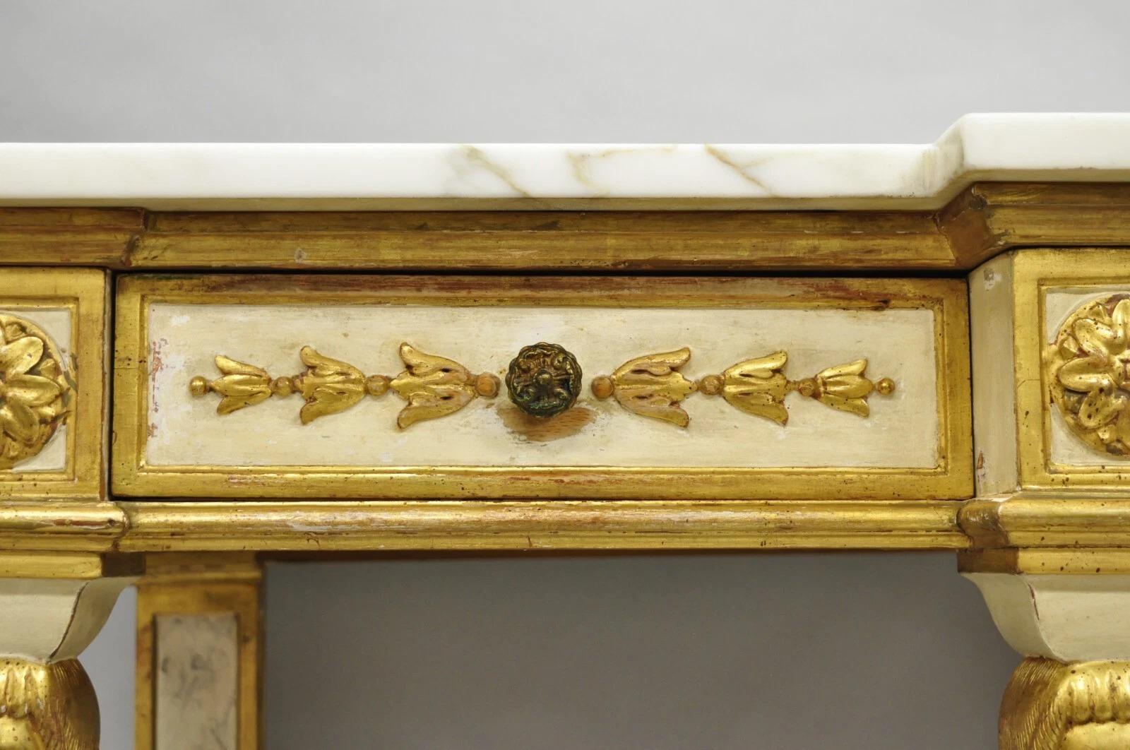 Antique Italian Neoclassical Cream & Gold Marble Top Figural Long Console Table (Marmor) im Angebot