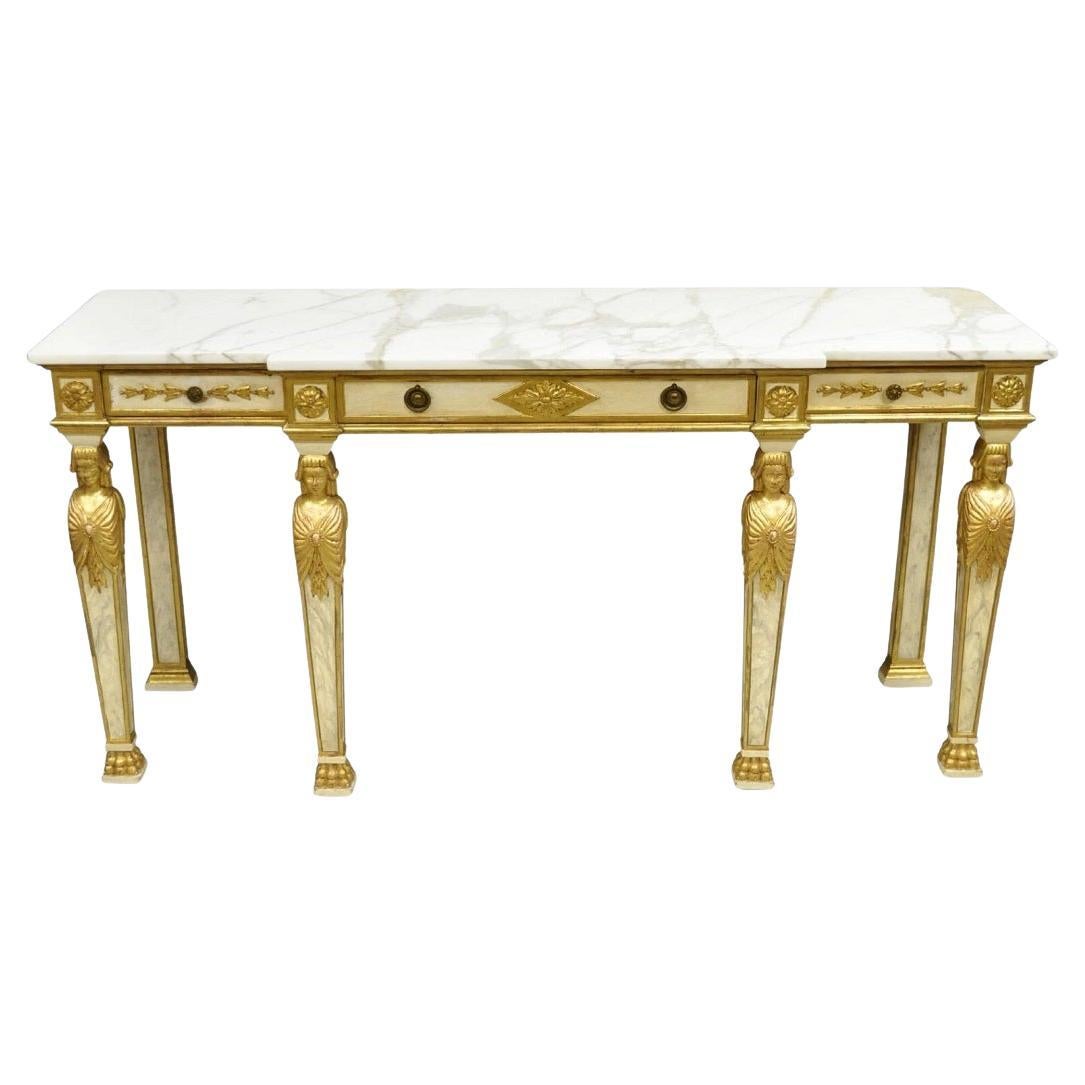 Antique Italian Neoclassical Cream & Gold Marble Top Figural Long Console Table