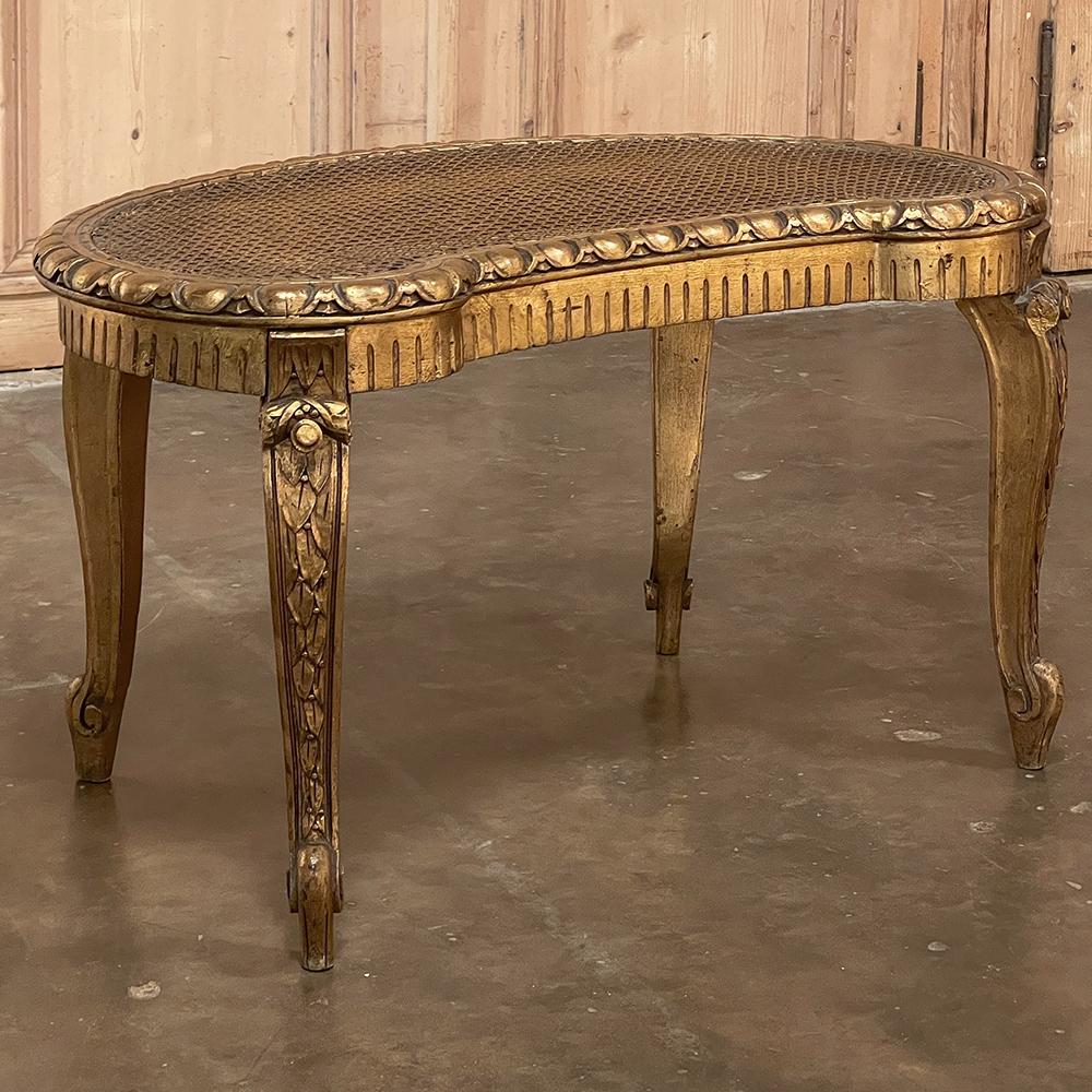 Hand-Crafted Antique Italian Neoclassical Giltwood & Caned Vanity Bench For Sale