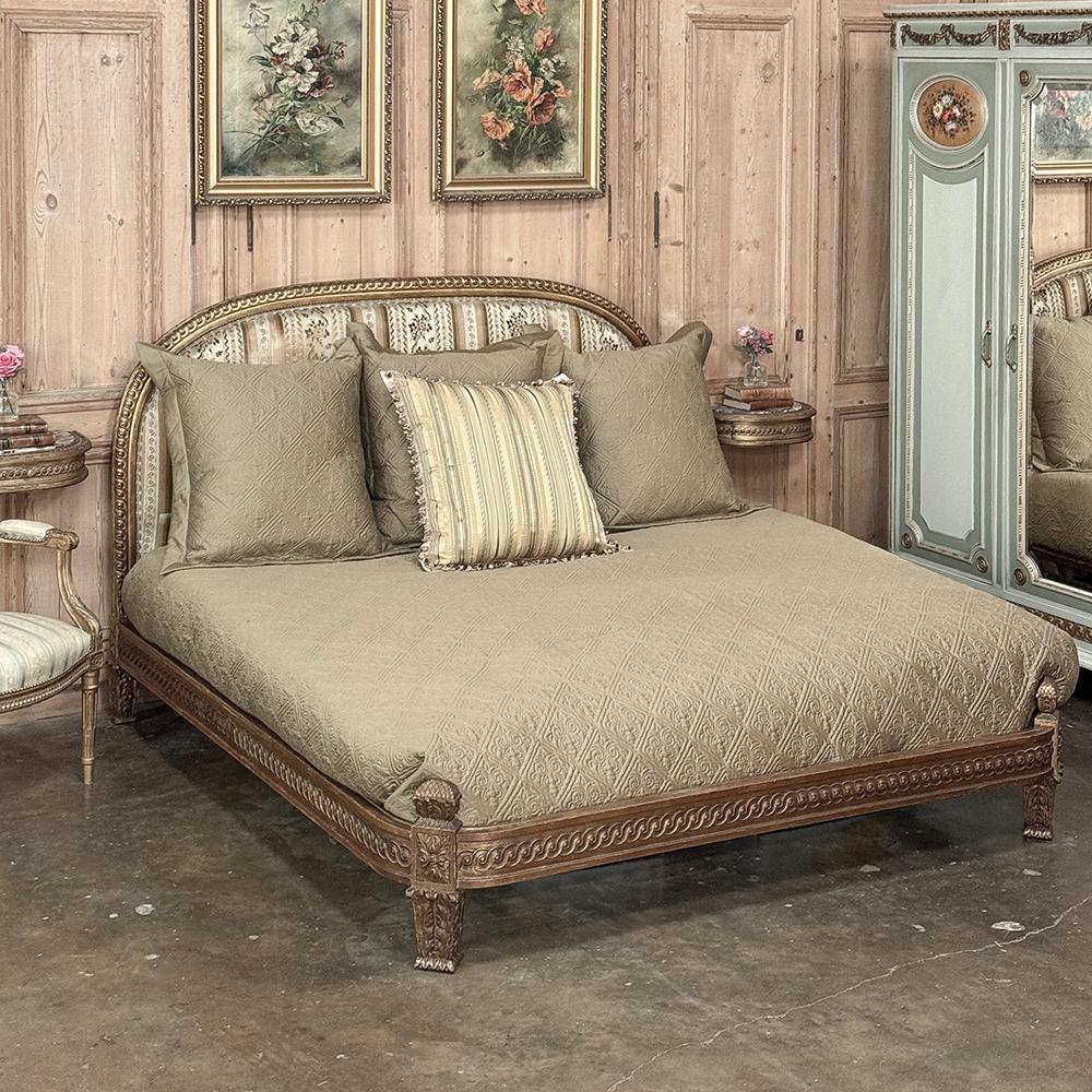 Antique Italian Neoclassical Giltwood QUEEN Bed is a study in timeless style by one of the original sources for classic design!  Utilizing broad radius curvatures on the headboard in a vertical orientation combined with broad radius curves on the