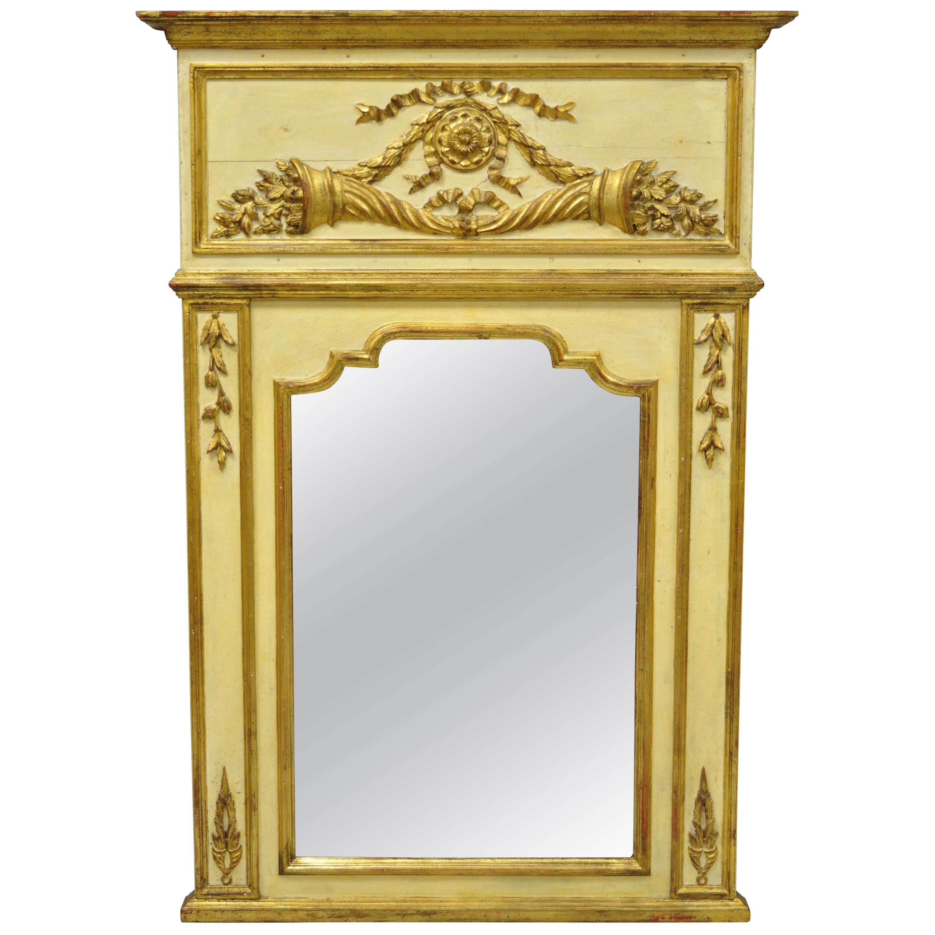 Antique Italian Neoclassical Gold Giltwood Large Trumeau Wall Mirror