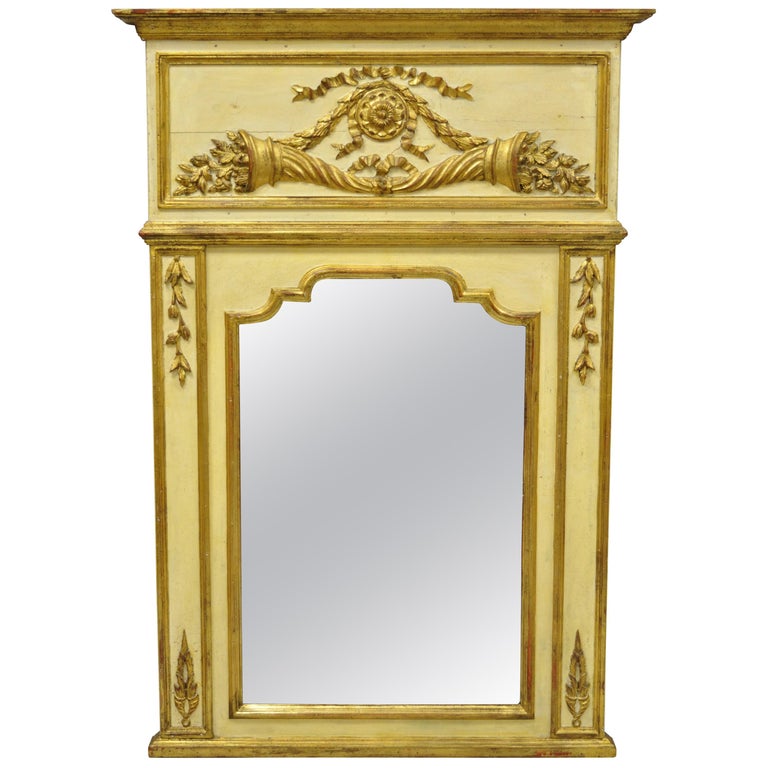 Antique Italian Neoclassical Gold Giltwood Large Trumeau Wall Mirror For Sale