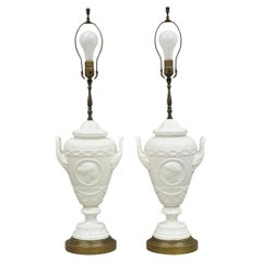 Antique Italian Neoclassical Greco Roman White Porcelain Urn Table Lamps - Pair